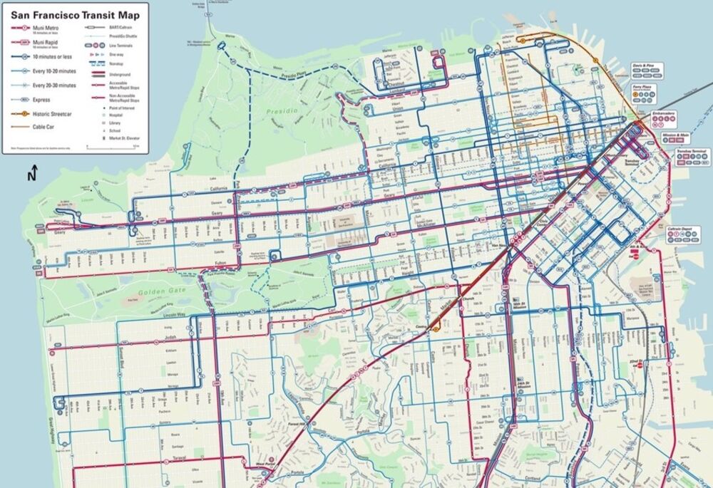san francisco muni map San Francisco S Rider Friendly Transit Map Shows Bus Frequency san francisco muni map