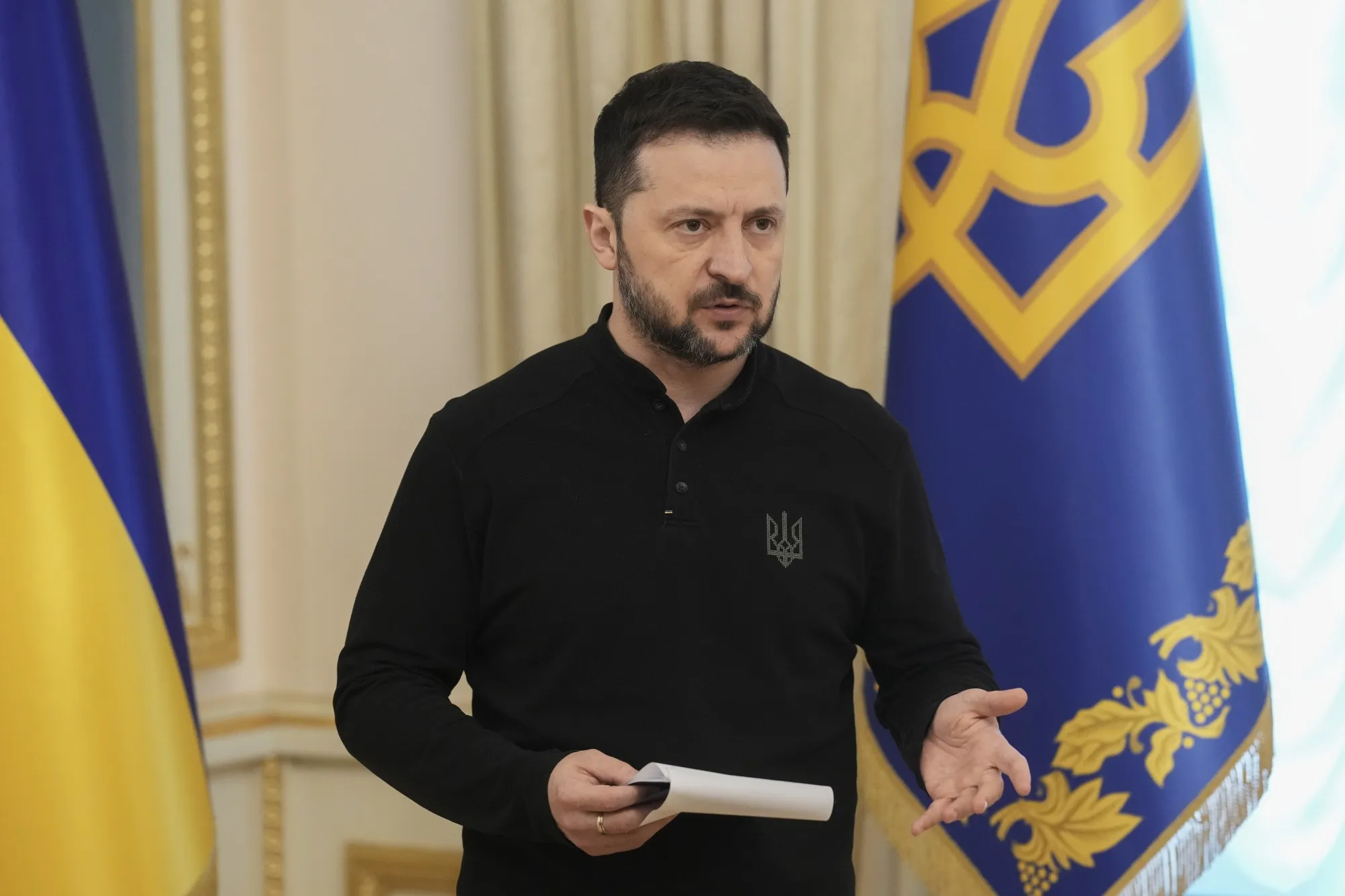 Volodymyr Zelenskiy speaks at a news conference in Kyiv, Ukraine, on March 28.