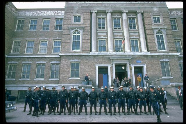 Boston police in front of South Boston High School, Oct. 1, 1974.