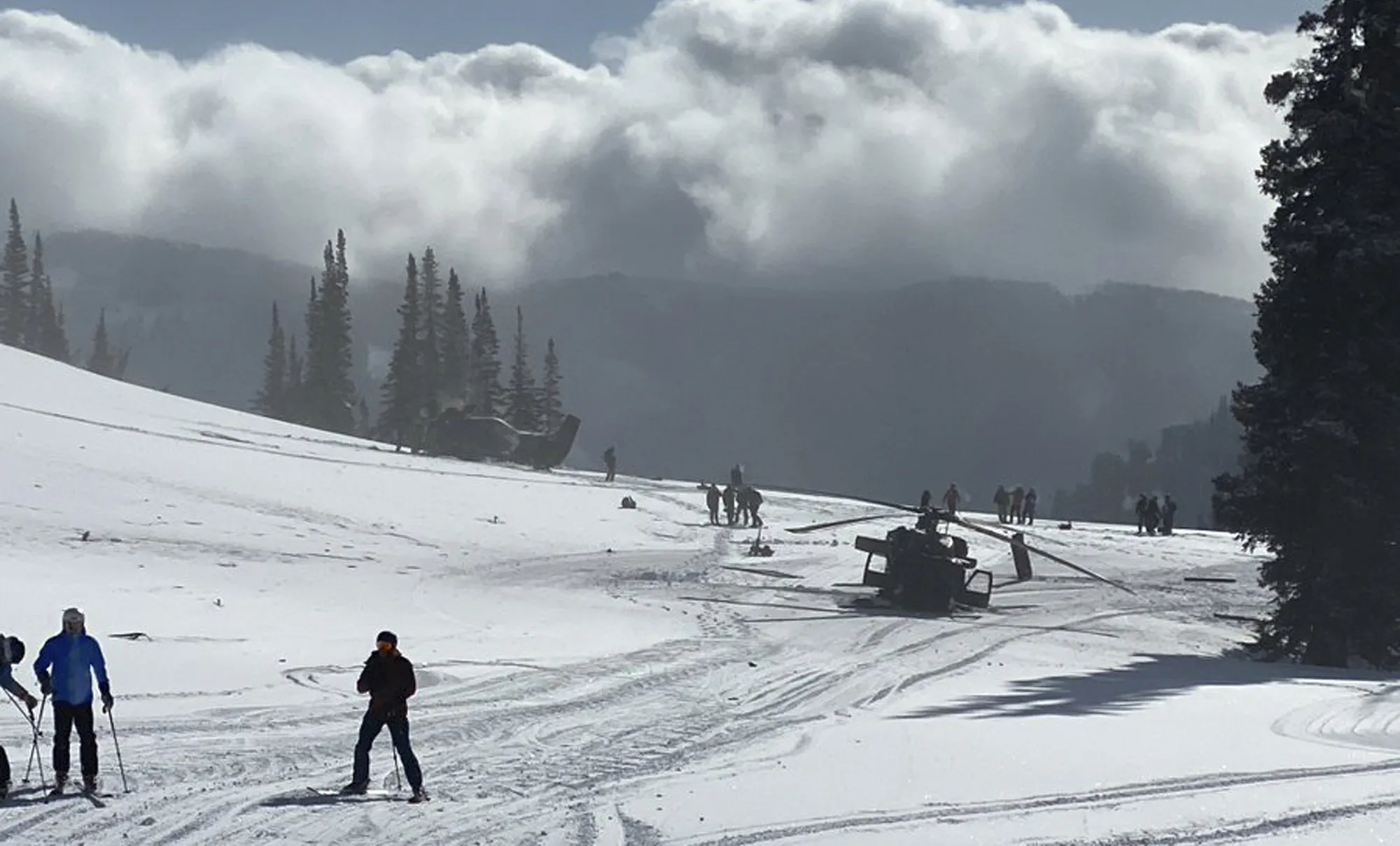 A Utah National Guard helicopter on the ground after a training accident near Snowbird Ski Resort in Snowbird, Utah on Feb. 22.