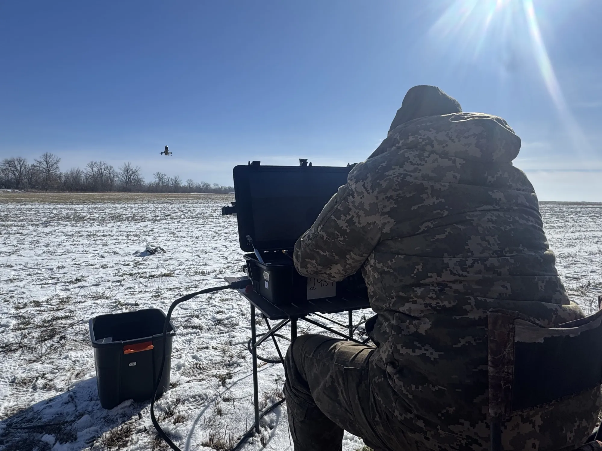 A Ukrainian soldier tests an interceptor drone on Feb. 22 in Dnipropetrovsk Oblast, Ukraine. The interceptor can be controlled using VR glasses or a small ground station.