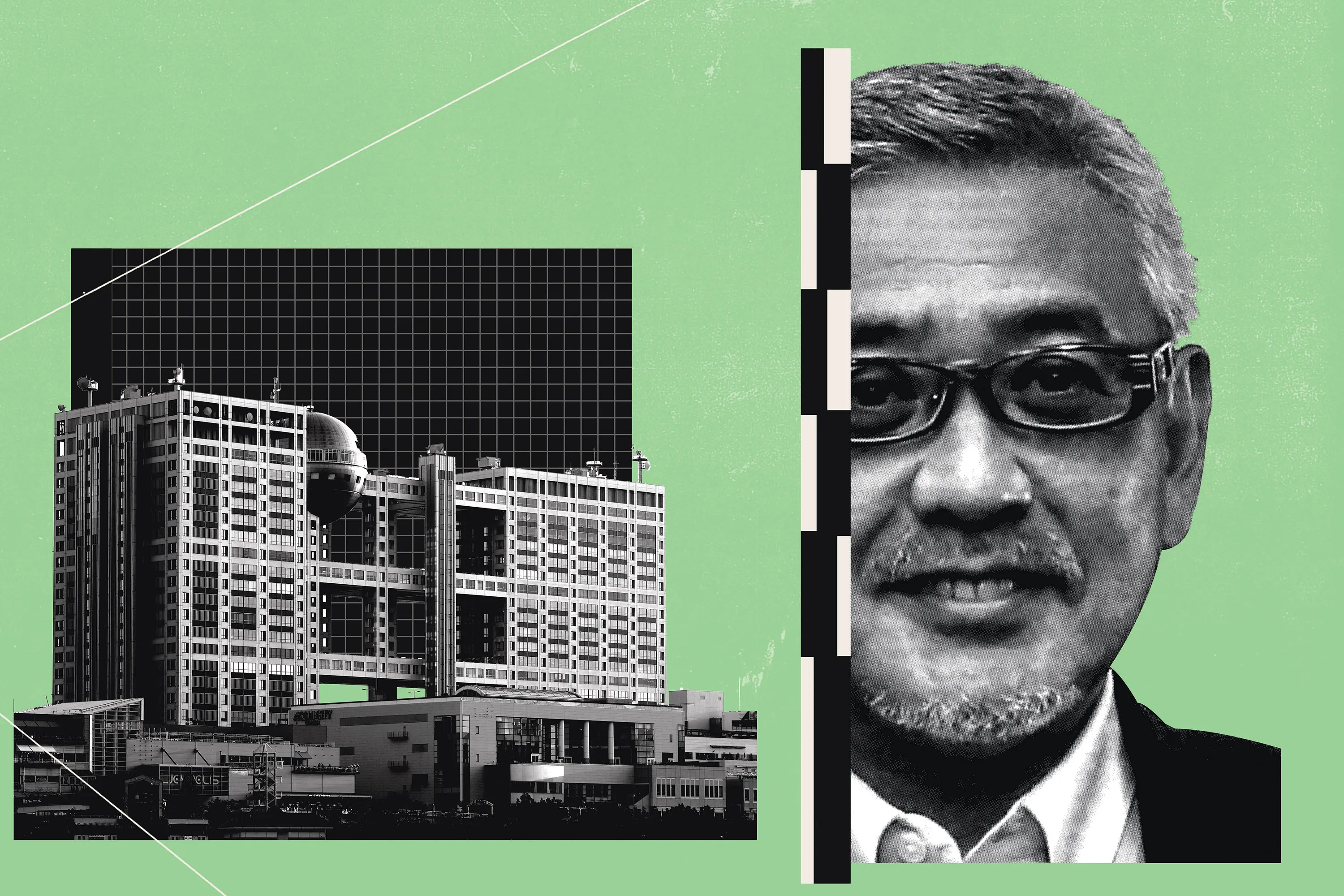 Left: Fuji Broadcasting Center in Tokyo;&nbsp;right:&nbsp;Yoshiaki Murakami.&nbsp;