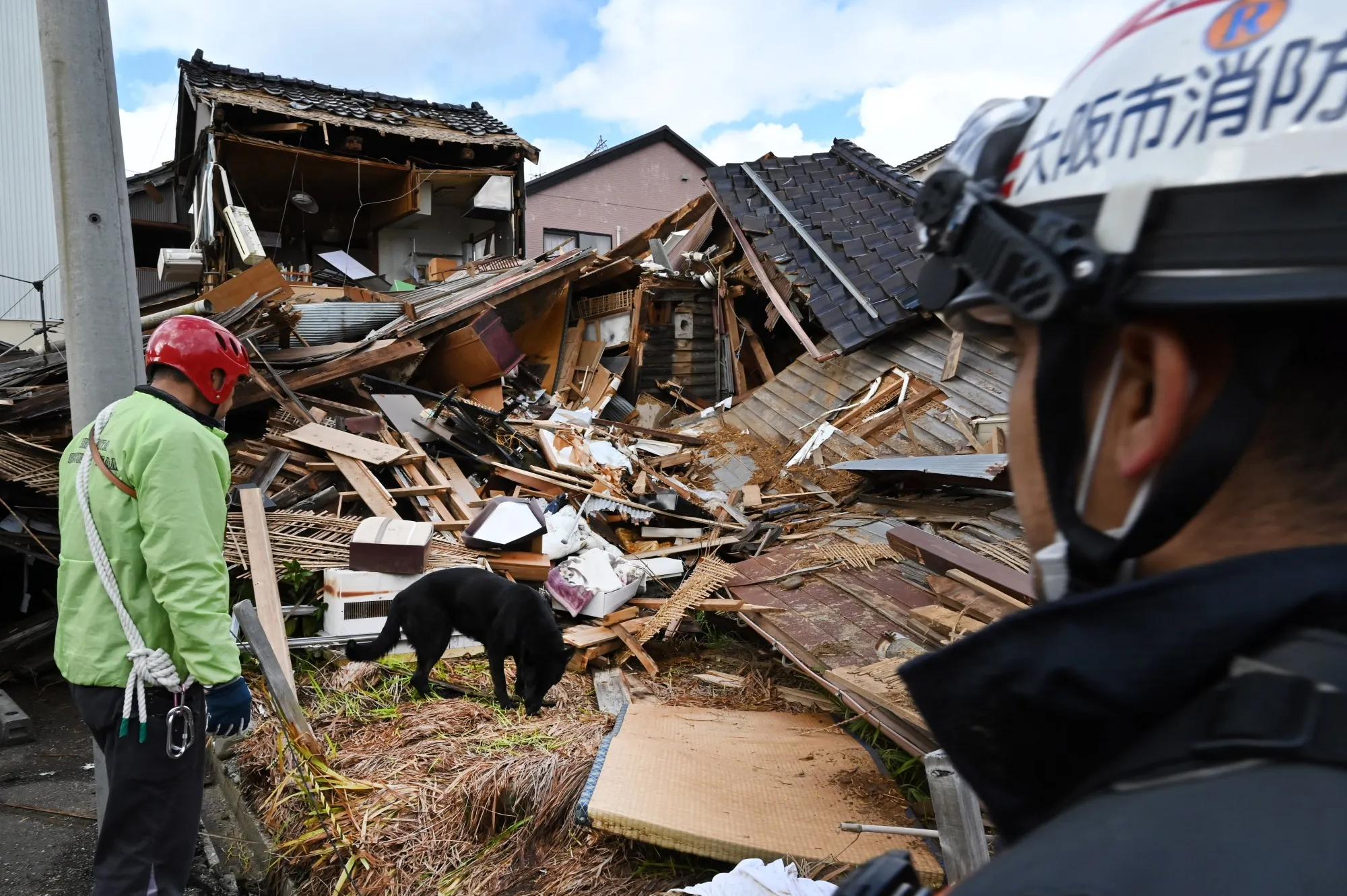 A rescue dog helps firefighters in searching for people in the rubble of a collapsed house in Wajima on Jan. 4. 