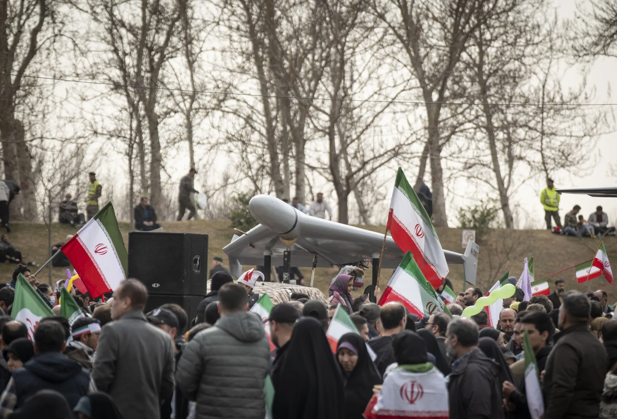 An Iran-made Shahed-136 at a rally commemorating the 47th anniversary of the Islamic Revolution's victory in Azadi Square in Tehran on Feb. 11.