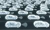 self driving electronic computer cars on road, 3d illustration