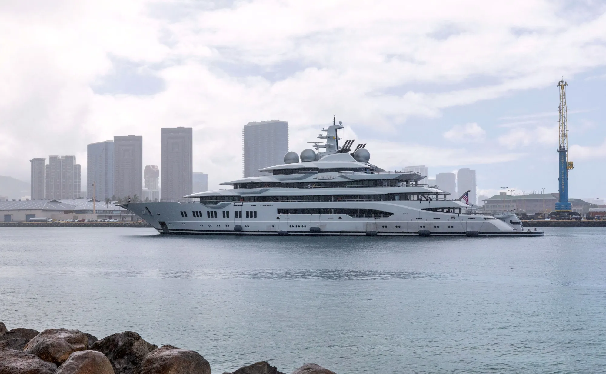 The Amadea arrives at Honolulu Harbor in 2022.