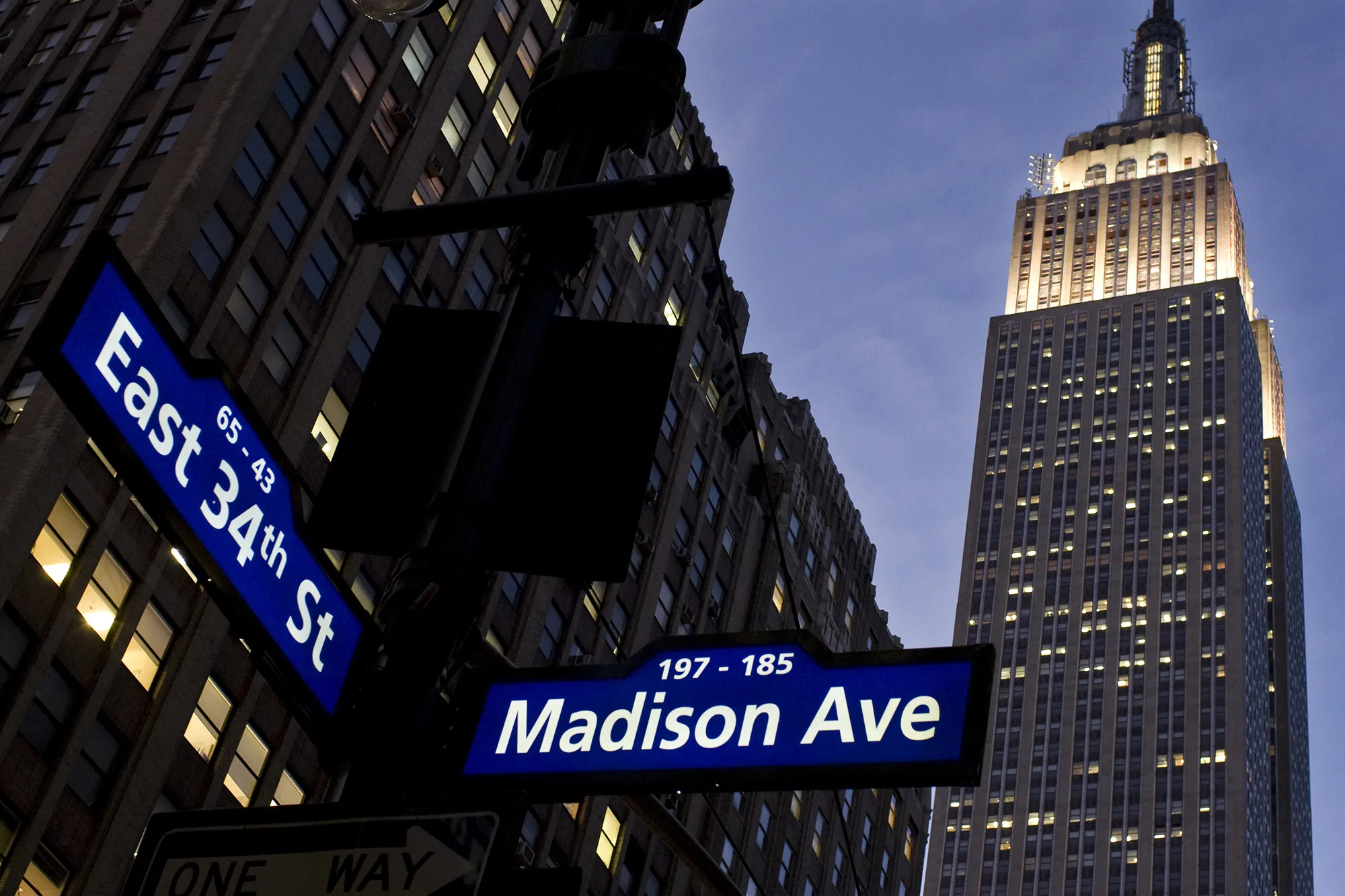 Empire State Building seen from Madison Avenue at night