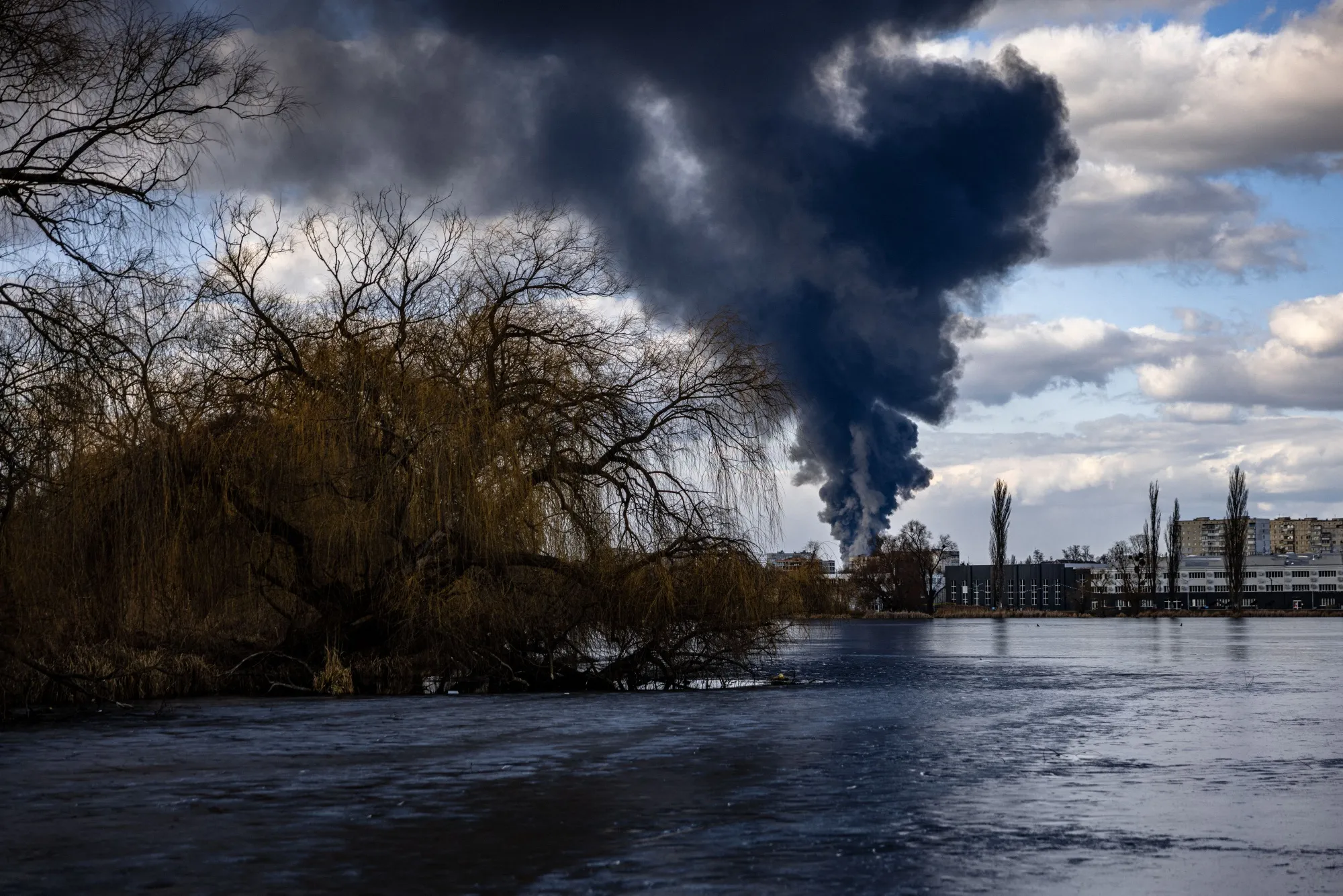 Smoke rises over the town of Vasylkiv near Kyiv, Ukraine, on Feb. 27.