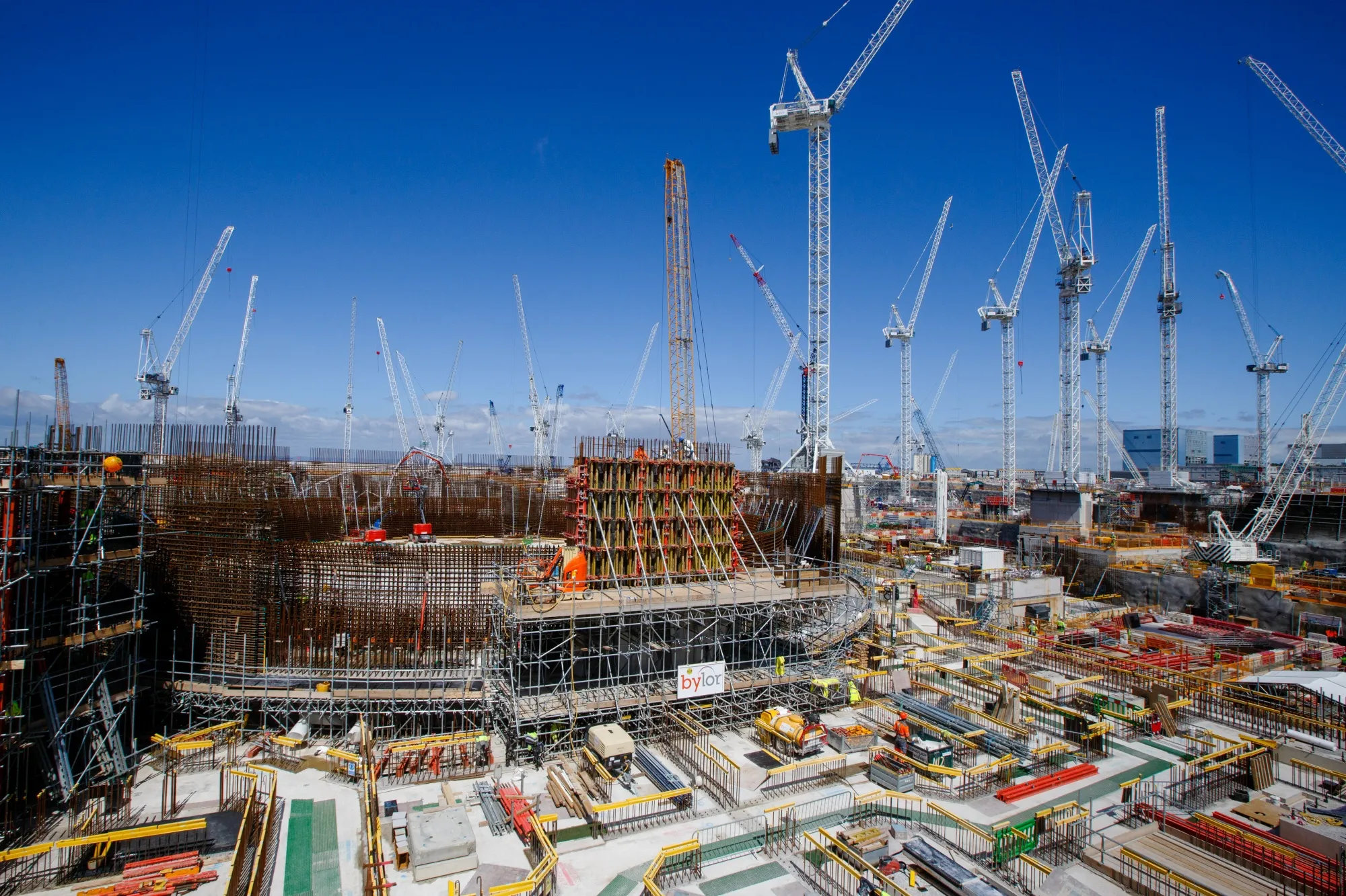 Cranes surround Reactor Unit Two on the construction project for Hinkley Point C nuclear power station.