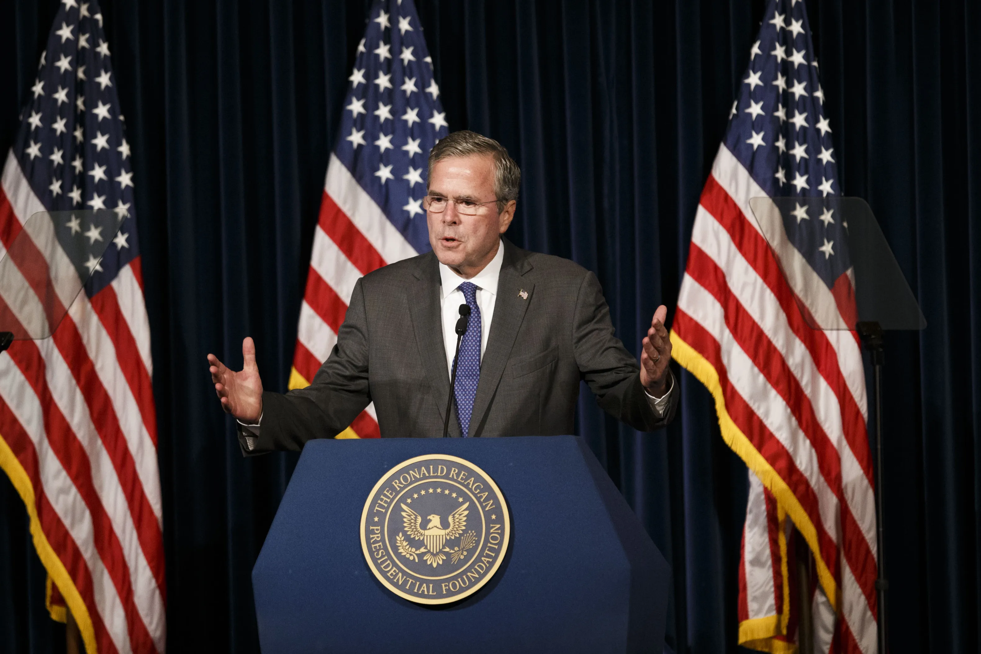 Jeb Bush, former governor of Florida and 2016 Republican presidential candidate, speaks during an event at the Ronald Reagan Presidential Library in Simi Valley, California, U.S., on Tuesday, Aug. 11, 2015. Bush, elected Florida's forty-third governor in 1998, discussed foreign policy.
