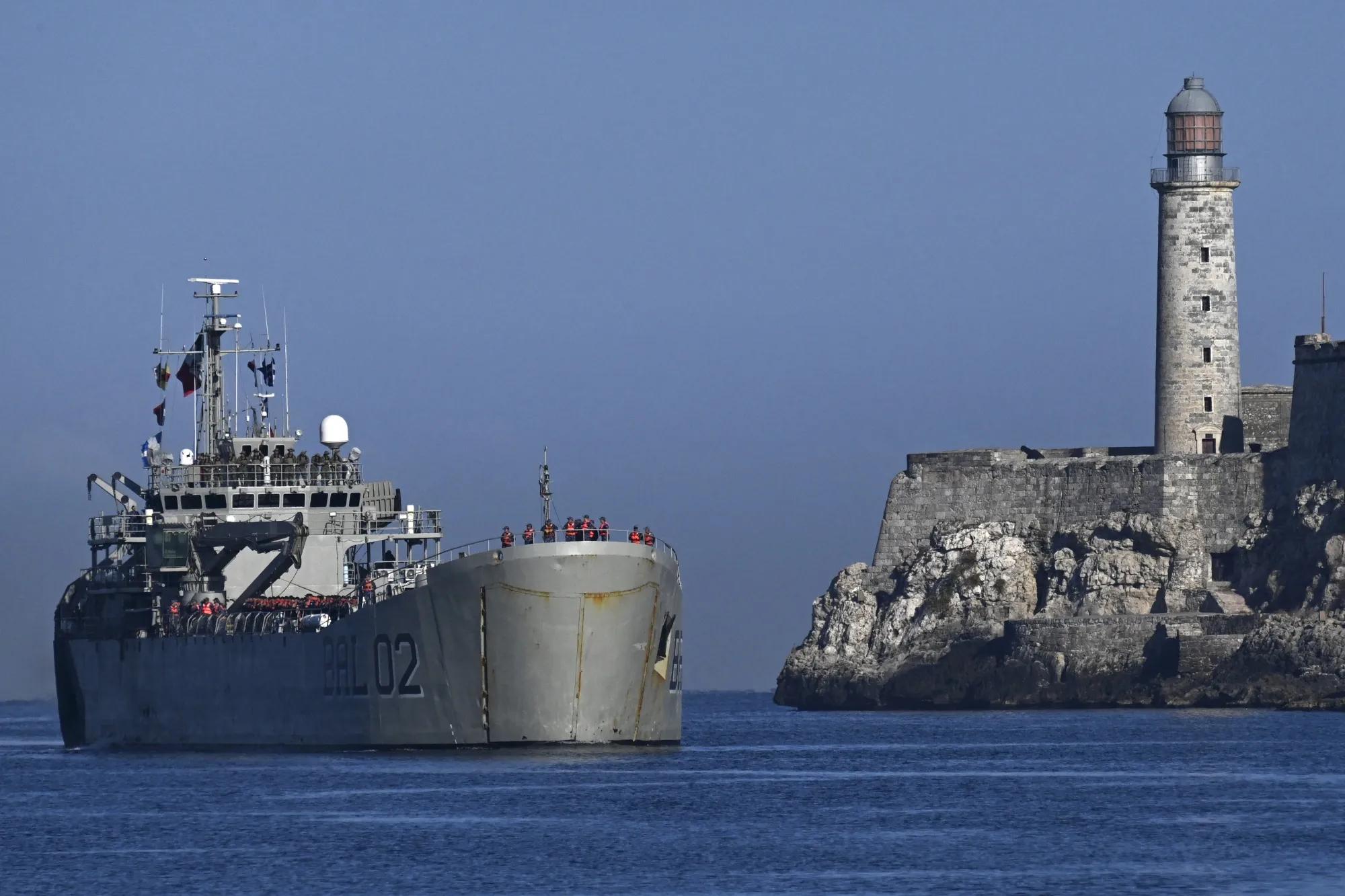 A Mexican Navy ship arrives at Havana Bay with humanitarian aid in Havana, on Feb. 12.&nbsp;