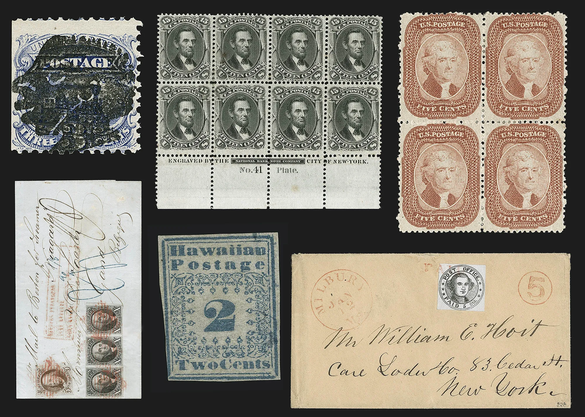 Some highlights from the Bill Gross American stamp collection. (For more detailed information, see end of story.)