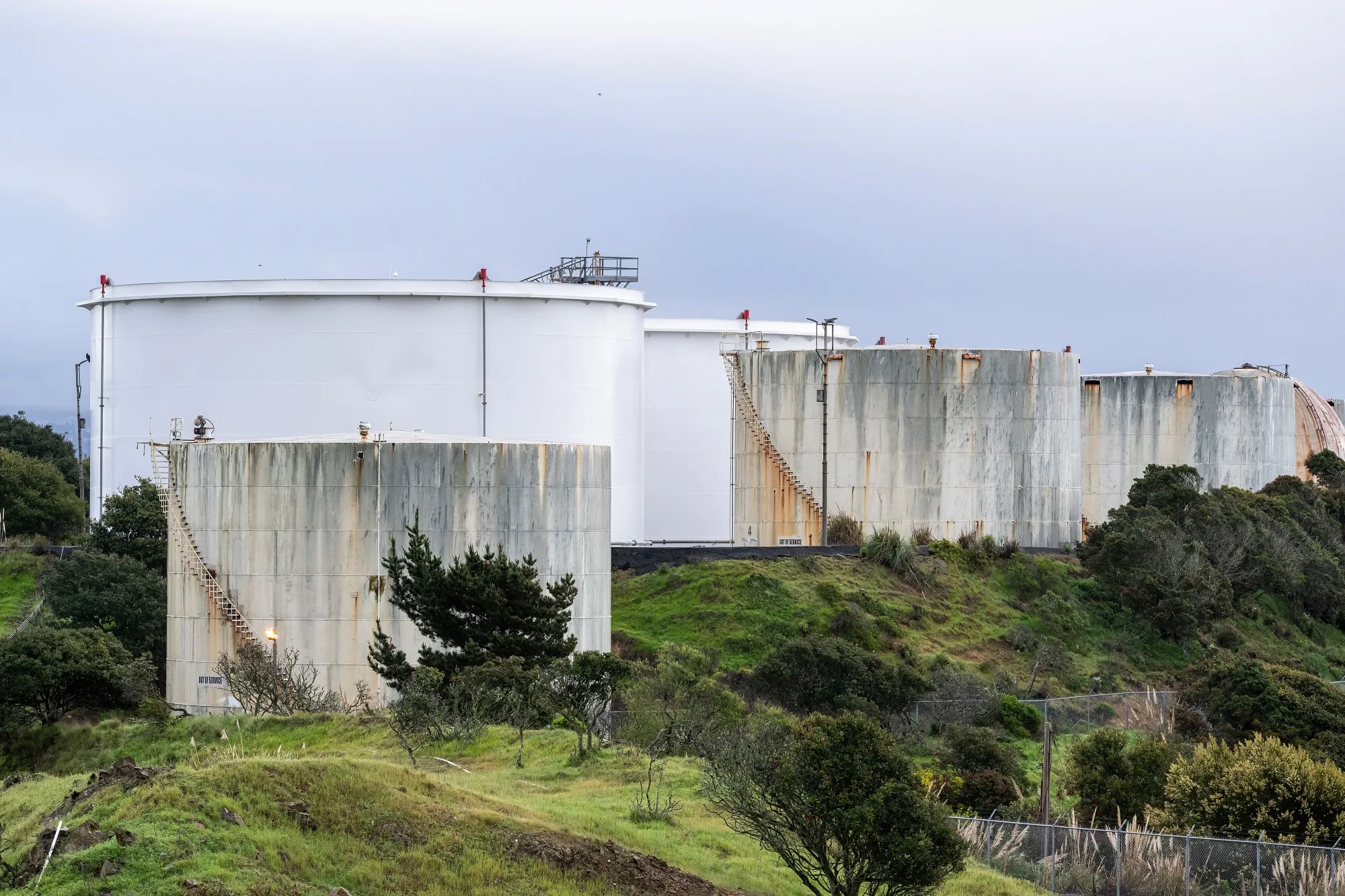 Oil storage tanks at an oil terminal in Richmond, California.