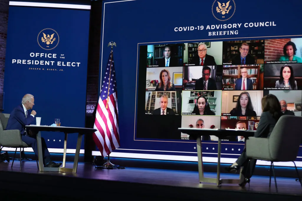 President-elect Joe Biden and Vice President-elect Kamala Harris receive a briefing from the transition Covid-19&nbsp;advisory board on November 09, 2020 in Wilmington, Delaware.