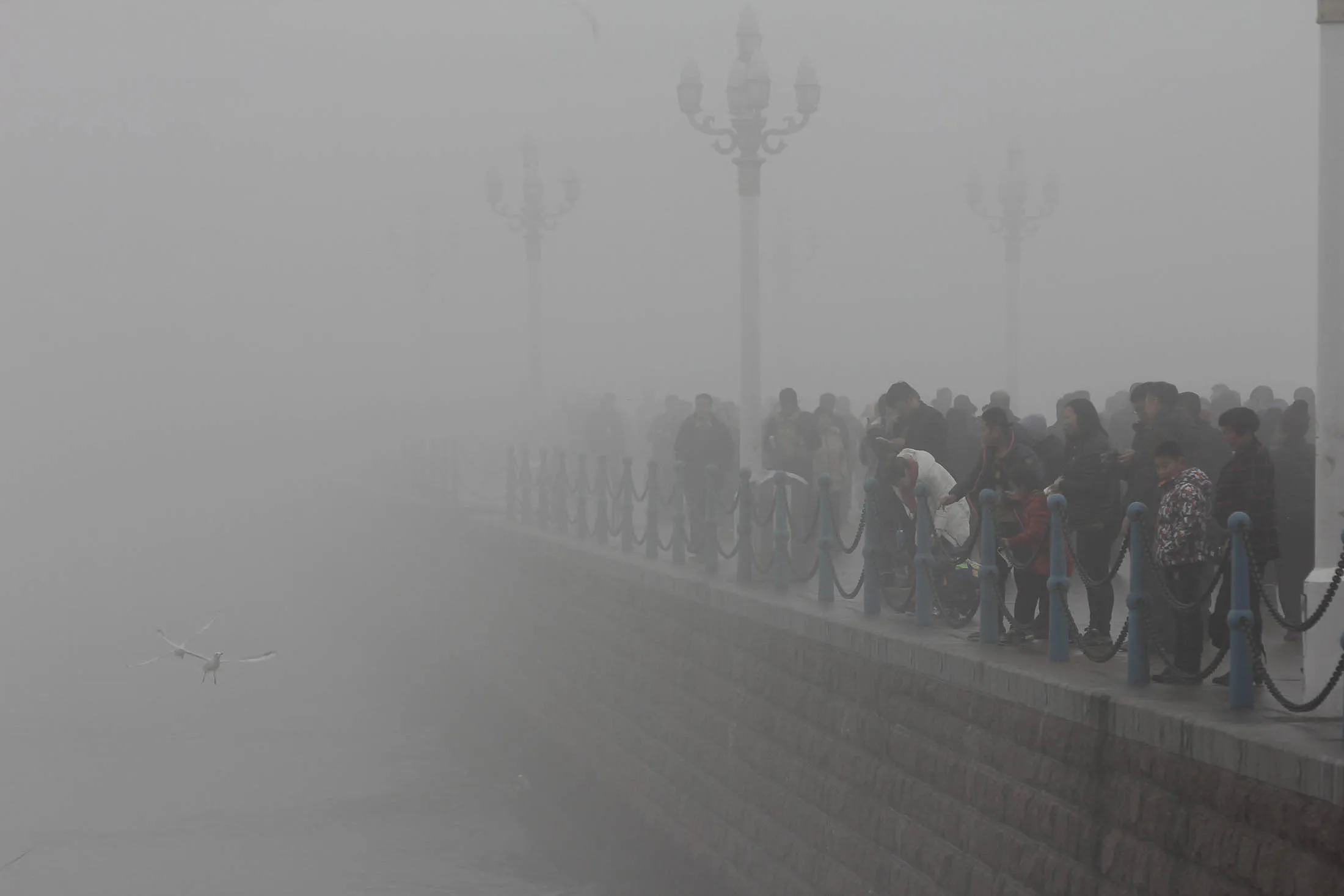 Tourists visit the Zhan Bridge in Qingdao on Feb. 12. About 80 percent of 338 monitored Chinese cities, including Beijing, failed to meet official air quality standards last year
