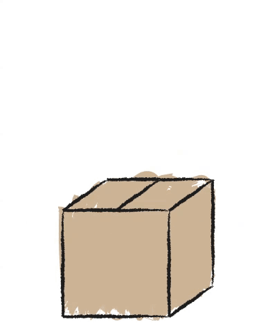 Hand-drawn gif of a cardboard box that gradually opens to let a small statue of liberty poke out. 