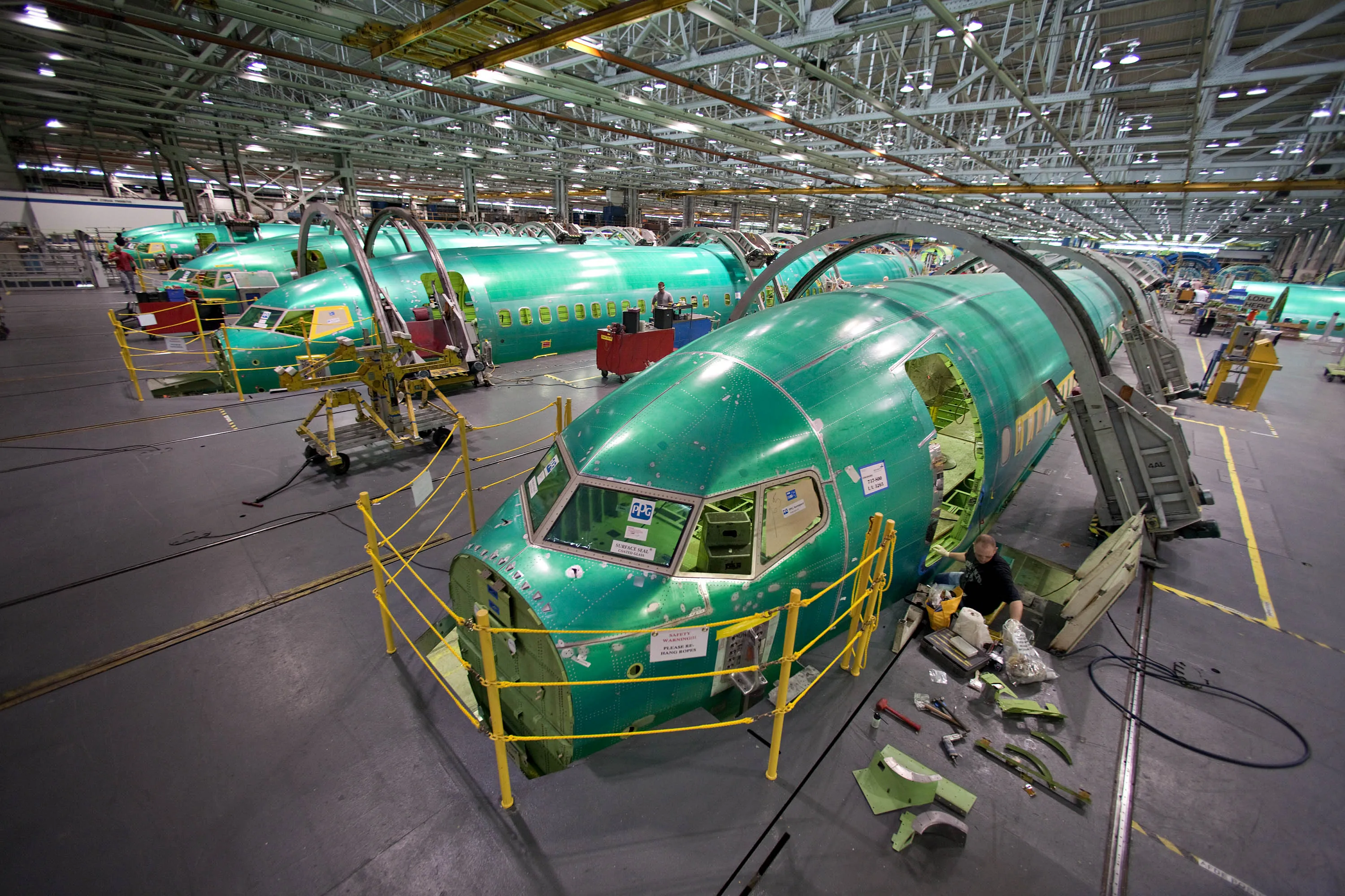 Boeing Co. 737 fuselage sections sit on the assembly floor at Spirit AeroSystems in Wichita, Kansas.