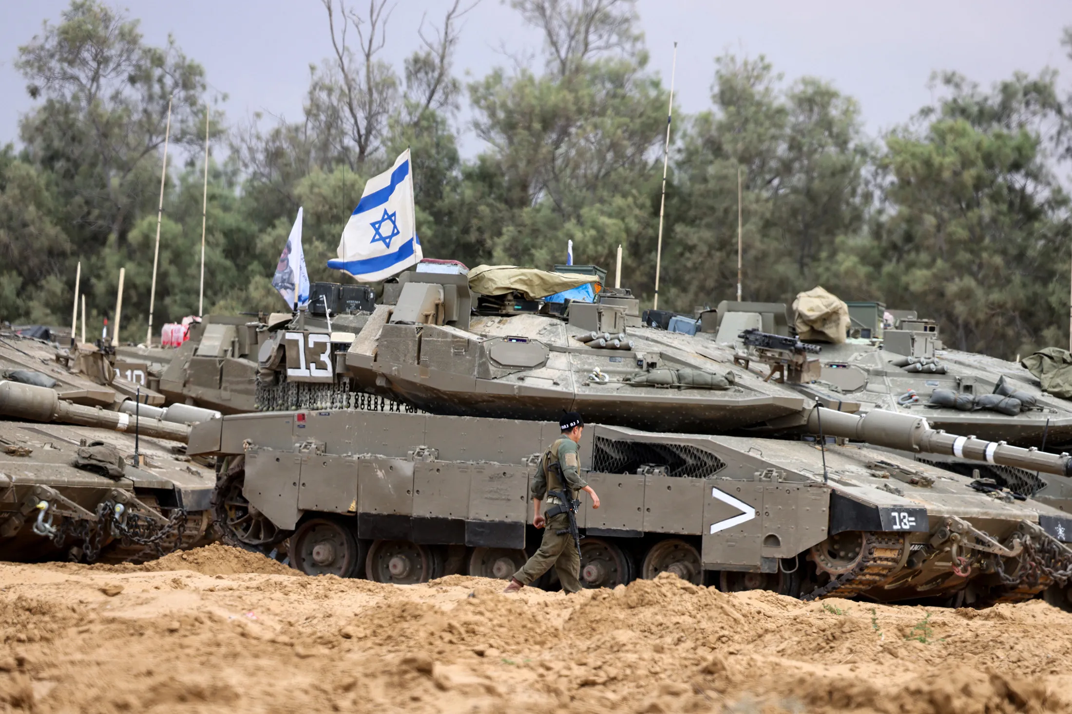 Israeli tanks and troops deployed at a position near Israel’s border with the Gaza Srip on May 4.