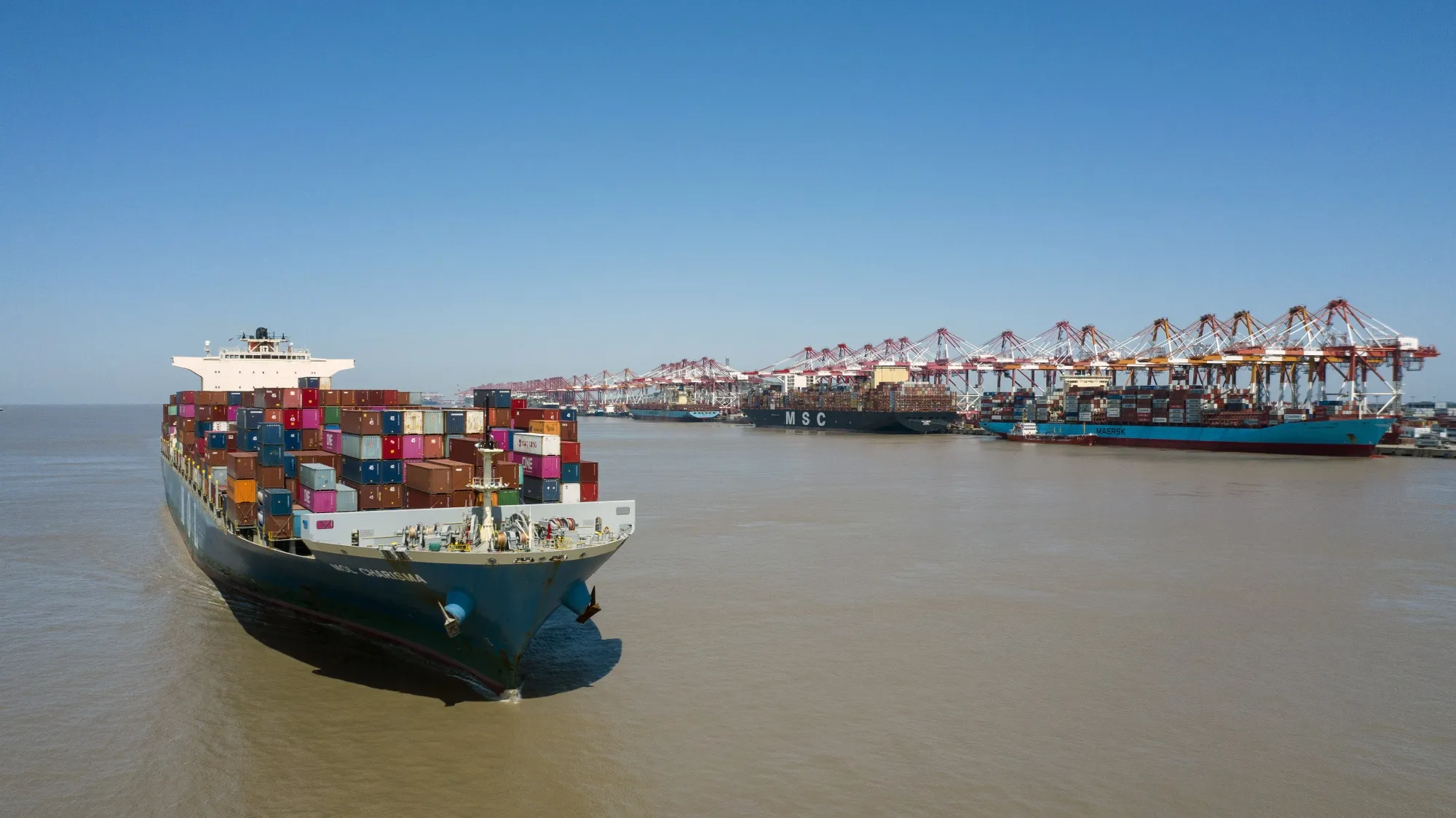 A Mitsui OSK Lines&nbsp;container ship sails near the Yangshan Deepwater Port in Shanghai.