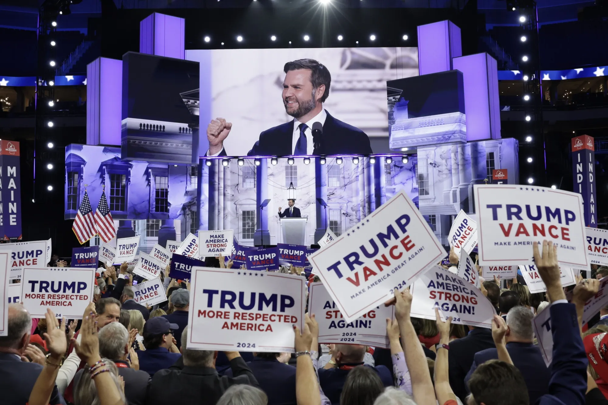 JD Vance speaks during the Republican National Convention at the Fiserv Forum in Milwaukee, Wisconsin on July 17.