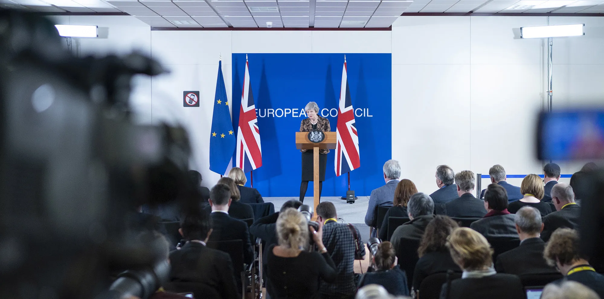 Theresa May, U.K. prime minister, speaks during a news conference at a European Union (EU) leaders summit in Brussels.