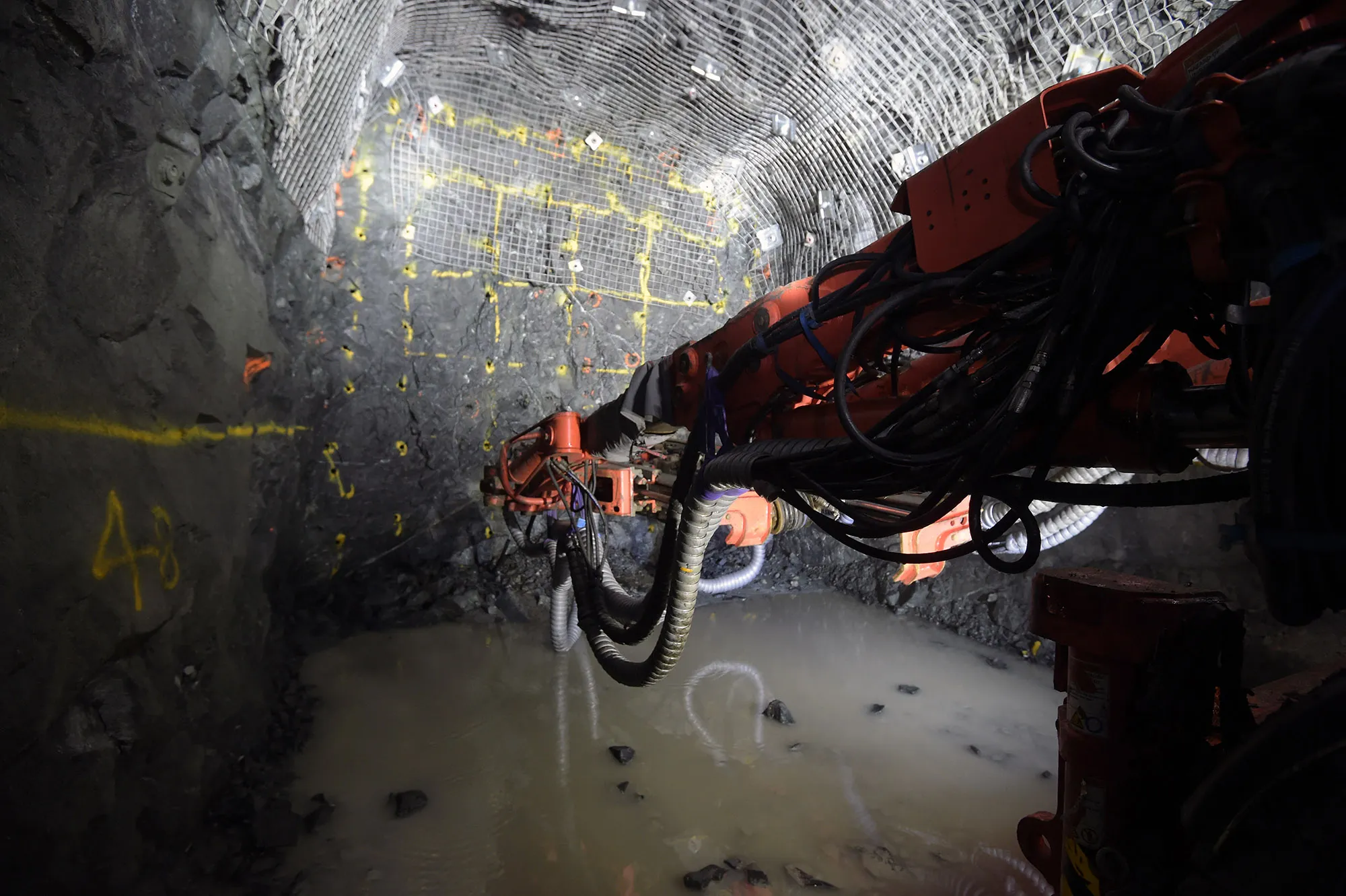A drilling machine inside an underground tunnel at a mine in Kalgoorlie-Boulder, Western Australia.