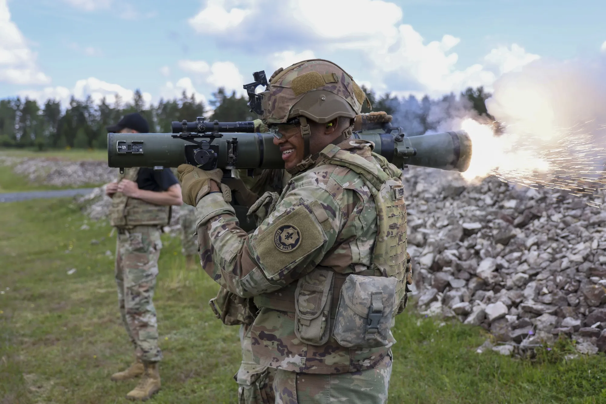 A US Army soldier fires a Carl Gustaf 8.4 cm recoilless rifle at a live fire event during a heavy weapons leaders course at the US military Grafenwoehr Training Area in Grafenwoehr, Germany,&nbsp;on May 23.