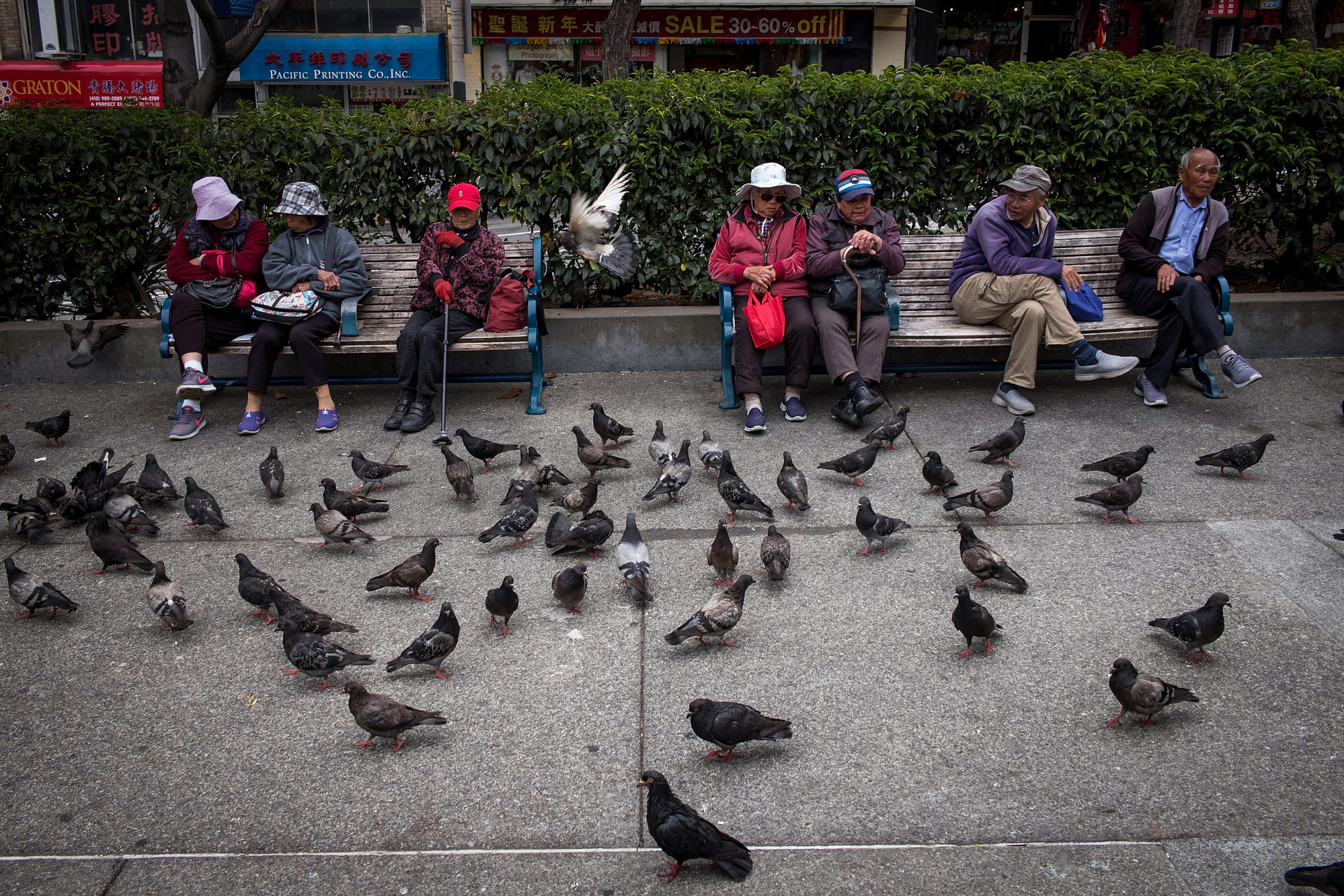 Elderly people sit on a bench in the Chinatown neighborhood of San Francisco, California.&nbsp;