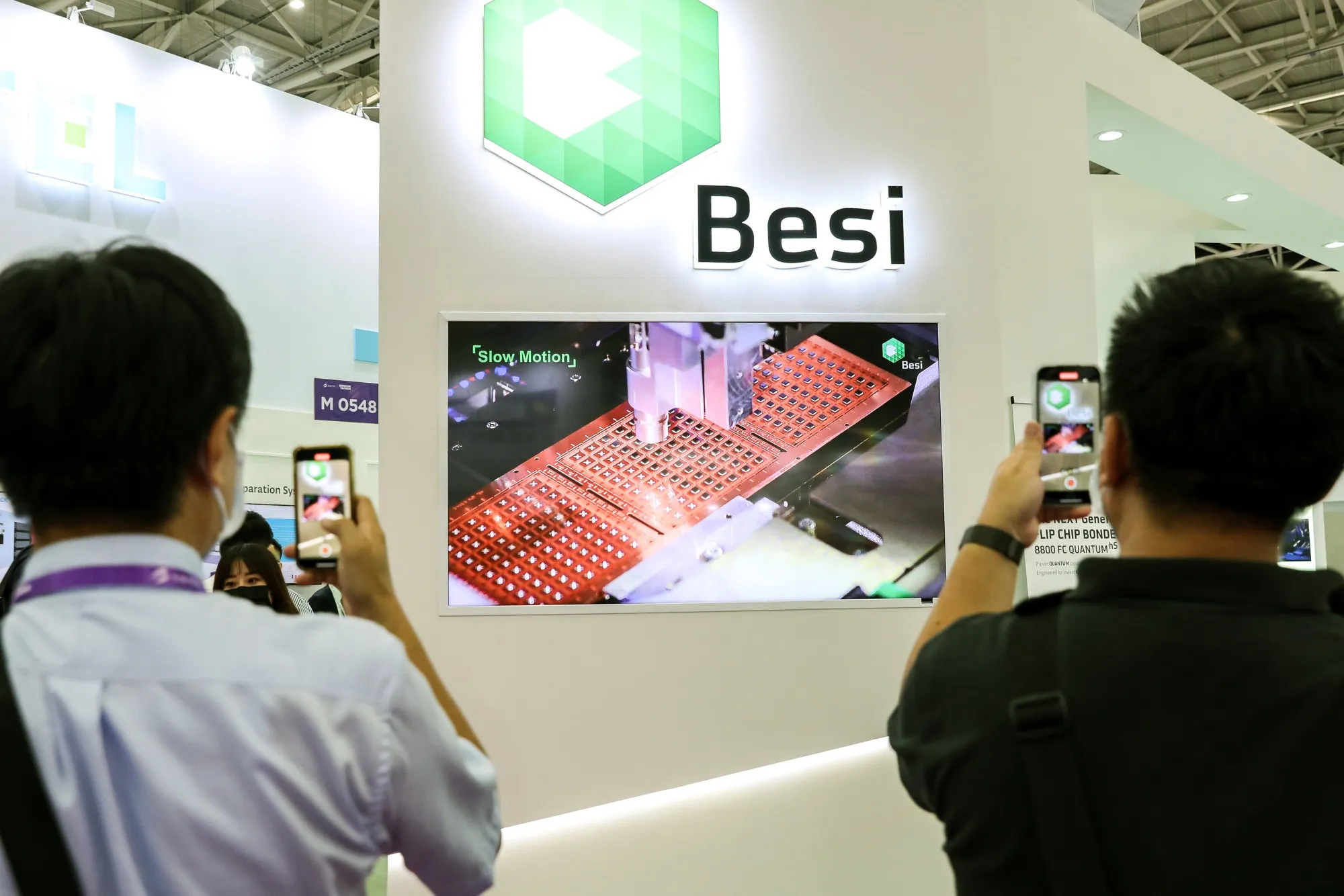 A video showing the manufacturing of semiconductor chips at the BE Semiconductor Industries N.V. booth at the Semicon Taiwan exhibition.