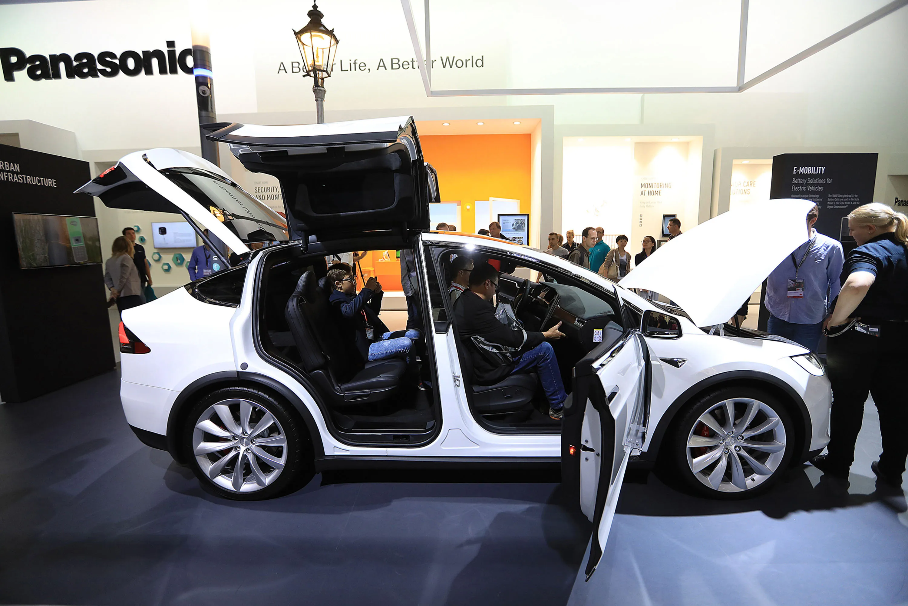A Tesla Co. Model X electric automobile, fitted with Panasonic batteries.