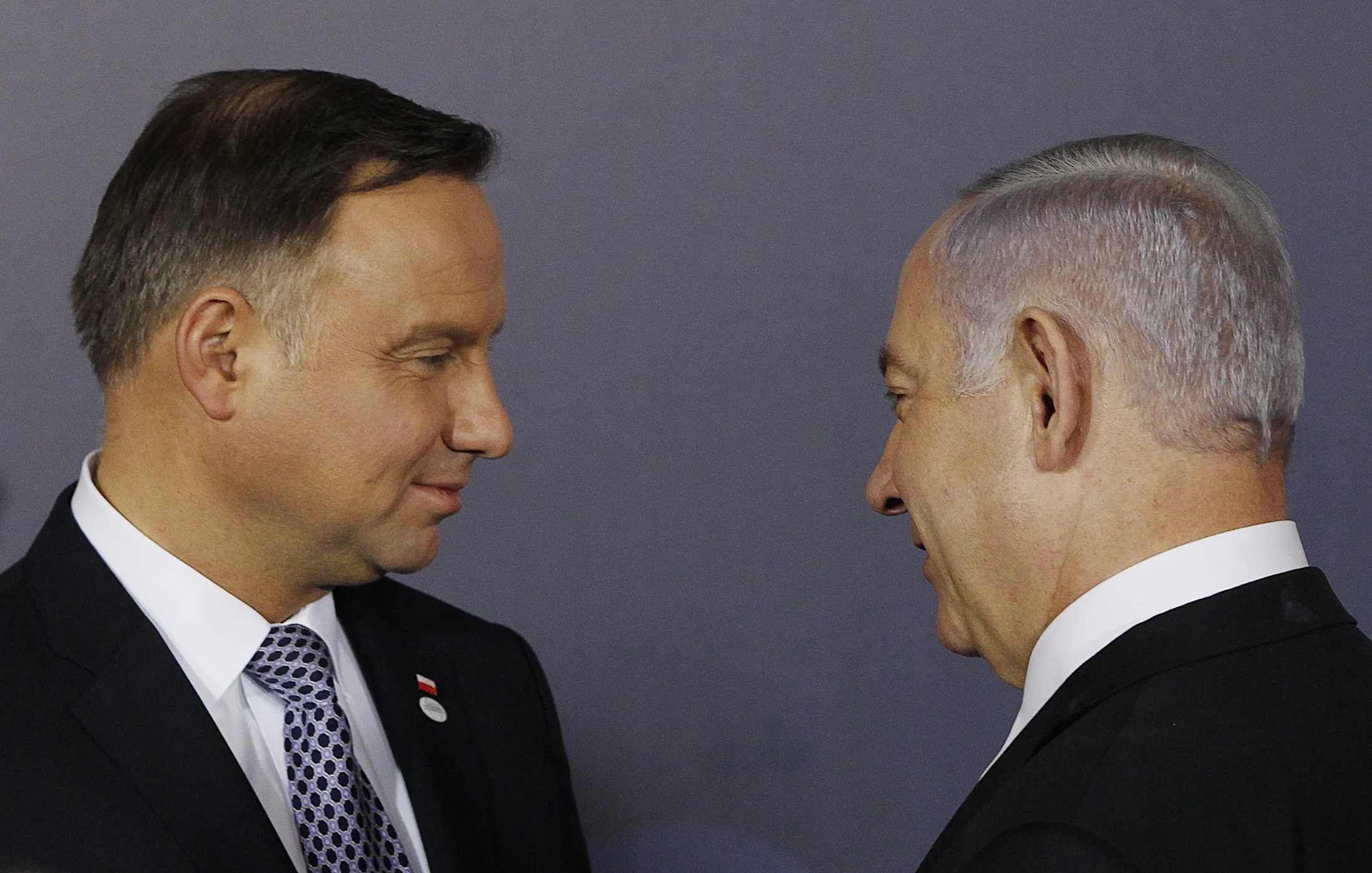 Andrzej Duda , left, and&nbsp;Benjamin Netanyahu in 2019.