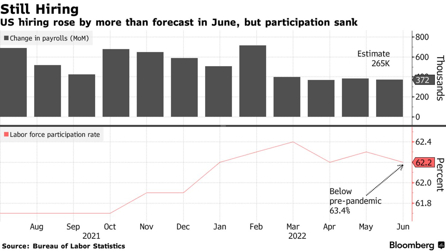 US hiring rose by more than forecast in June, but participation sank