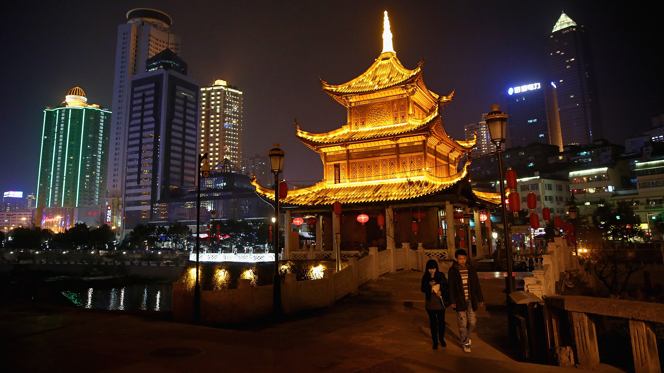 GUIYANG, CHINA - JANUARY 27: The night scene of an array of edifices and the Jiaxiulou Tower, the city's landmark ancient building for sightseeing, on January 27, 2013 in Guiyang of Guizhou Province, China.
