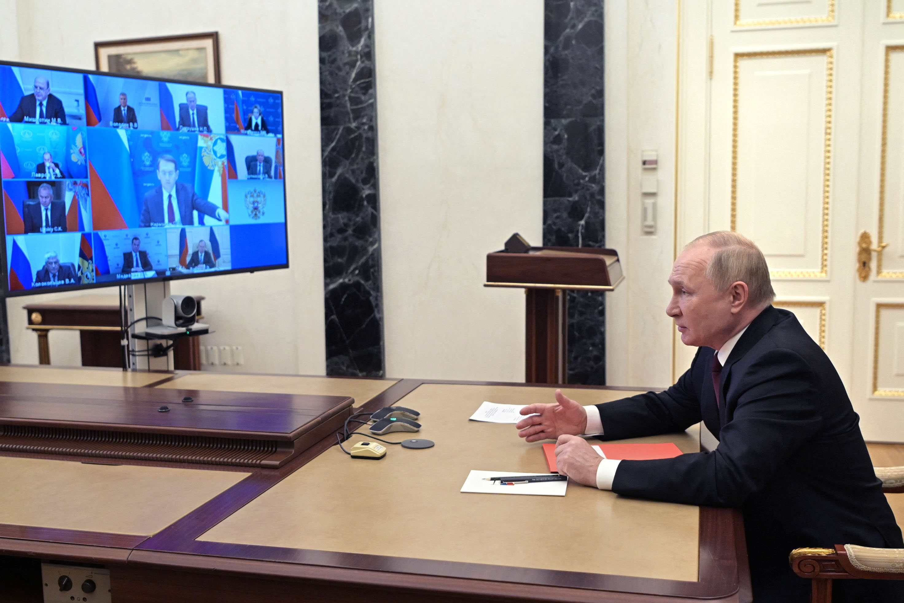 Russian President Vladimir Putin holds a meeting with members of the security council in Moscow on Feb. 2.