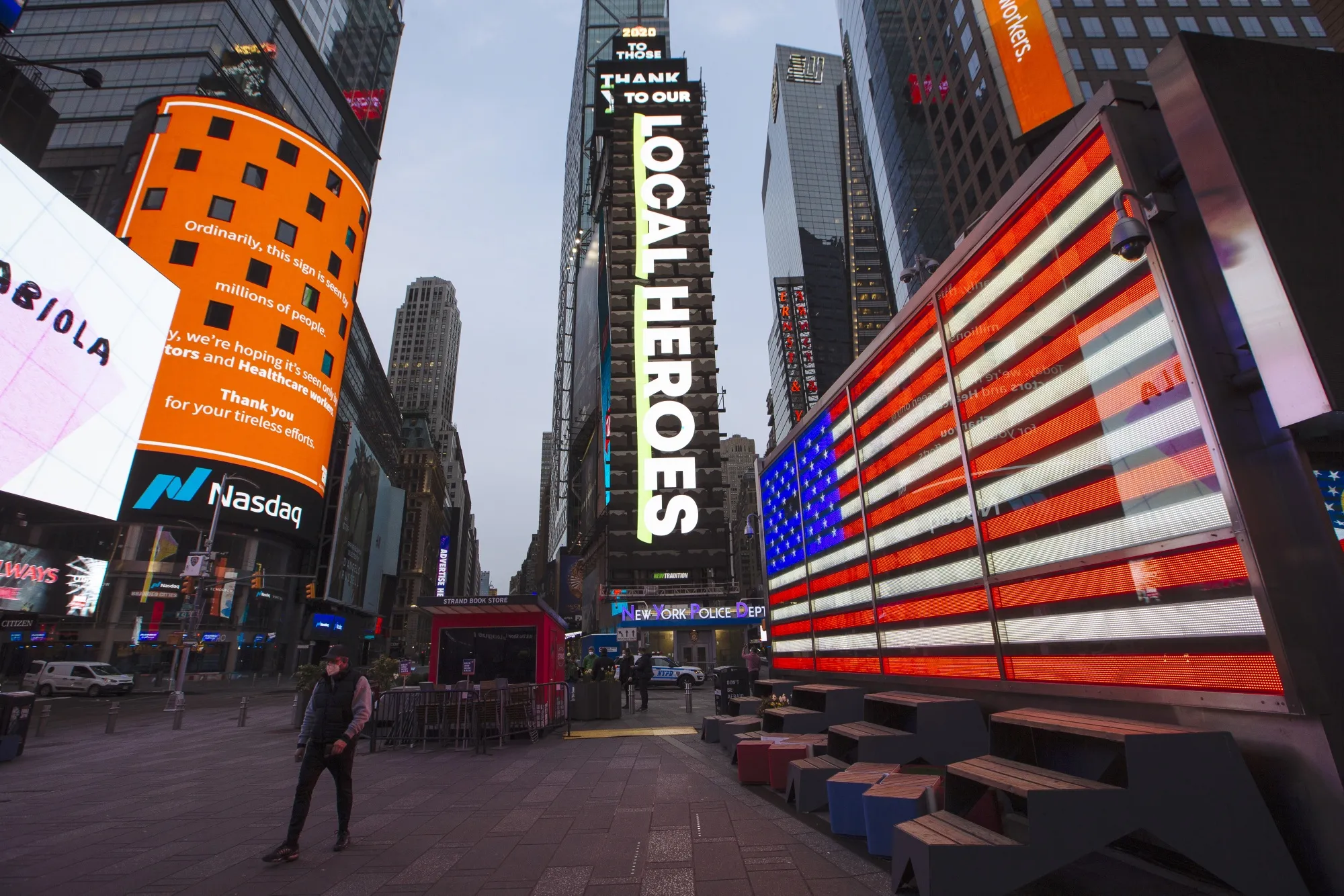 Billboards displays messages thanking first responders and front line workers battling coronavirus in the Times Square area of New York on April 23.
