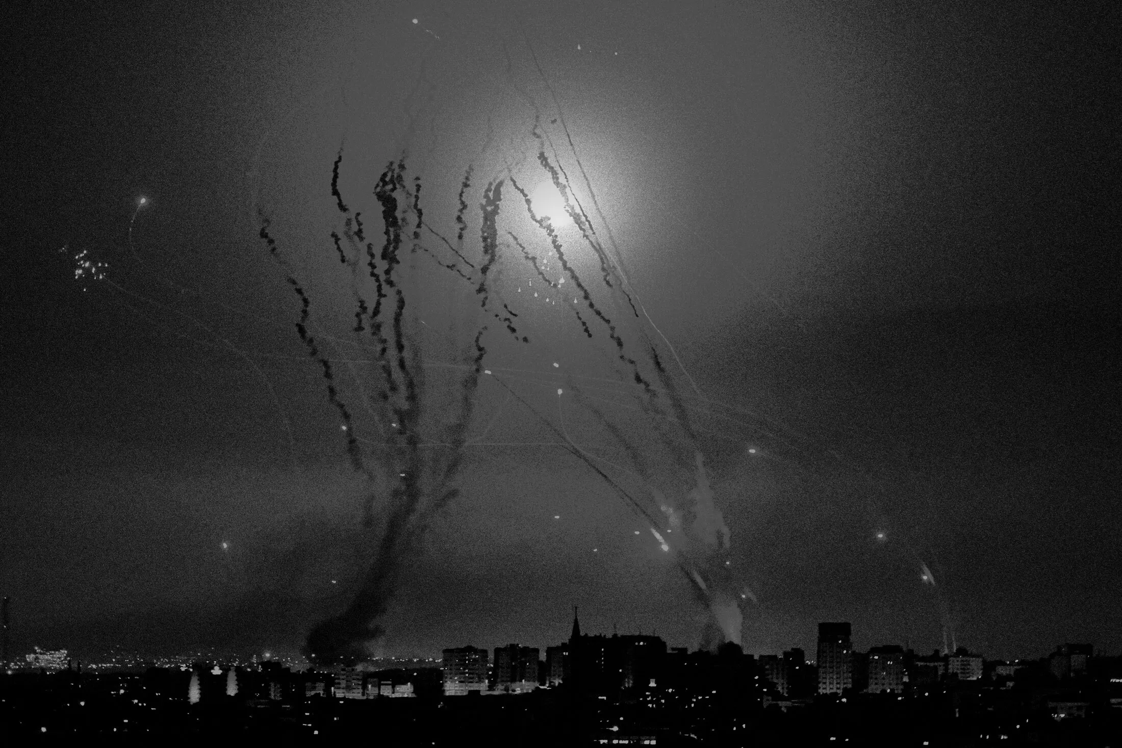 The Iron Dome missile defense system intercepts rockets fired from Gaza, in Netivot, Israel, in October 2023.