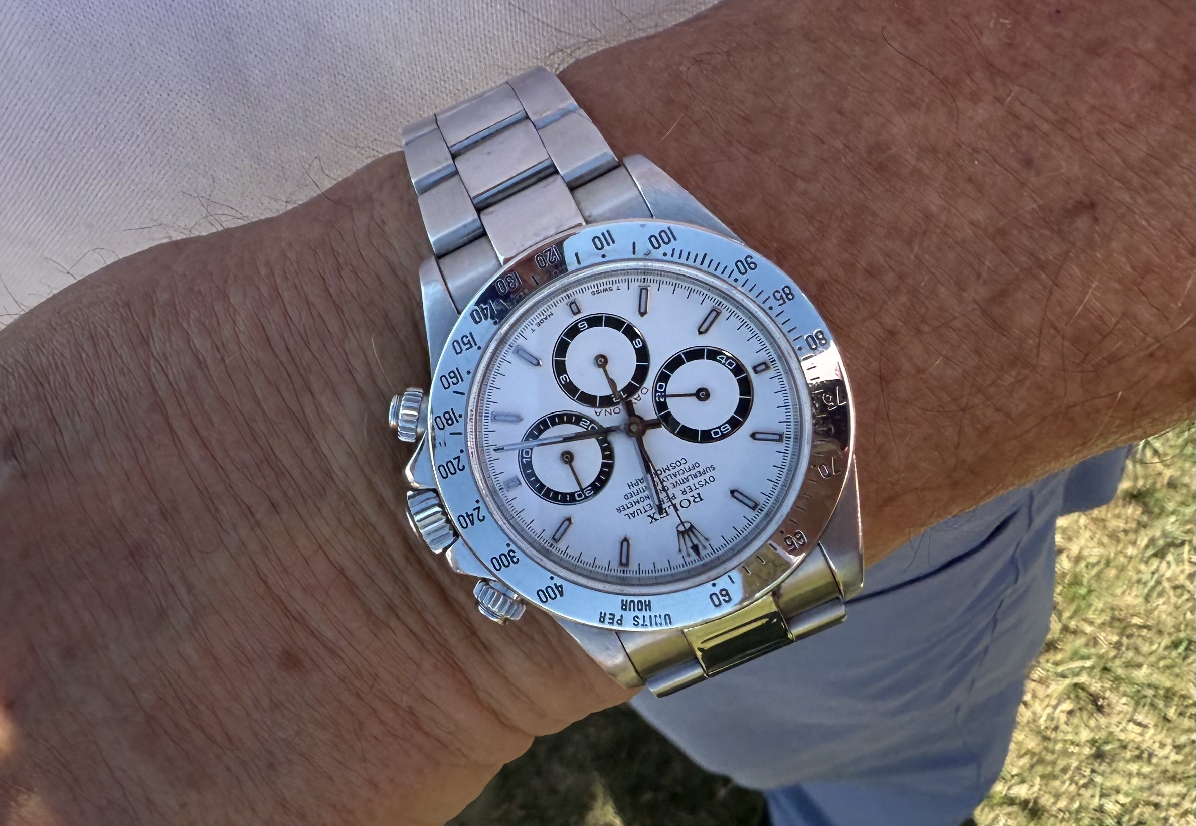 This is Sam’s Rolex Daytona. Adam was there with his son, Adam, who was the proud owner and restorer of the Tiffany blue Mustang featured above! Adam was wearing a Rolex Datejust. “He bought the car with his own money,” dad Sam told me. “But I bought him the Rolex.” Photographer: Chris Rovzar&#x2F;Bloomberg