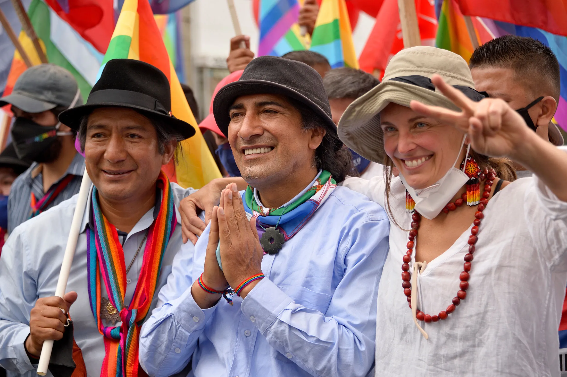 Yaku Perez, center, his partner Manuela Picq, right, and indigenous leader Salvador Quispe, during the 2021 presidential campaign.