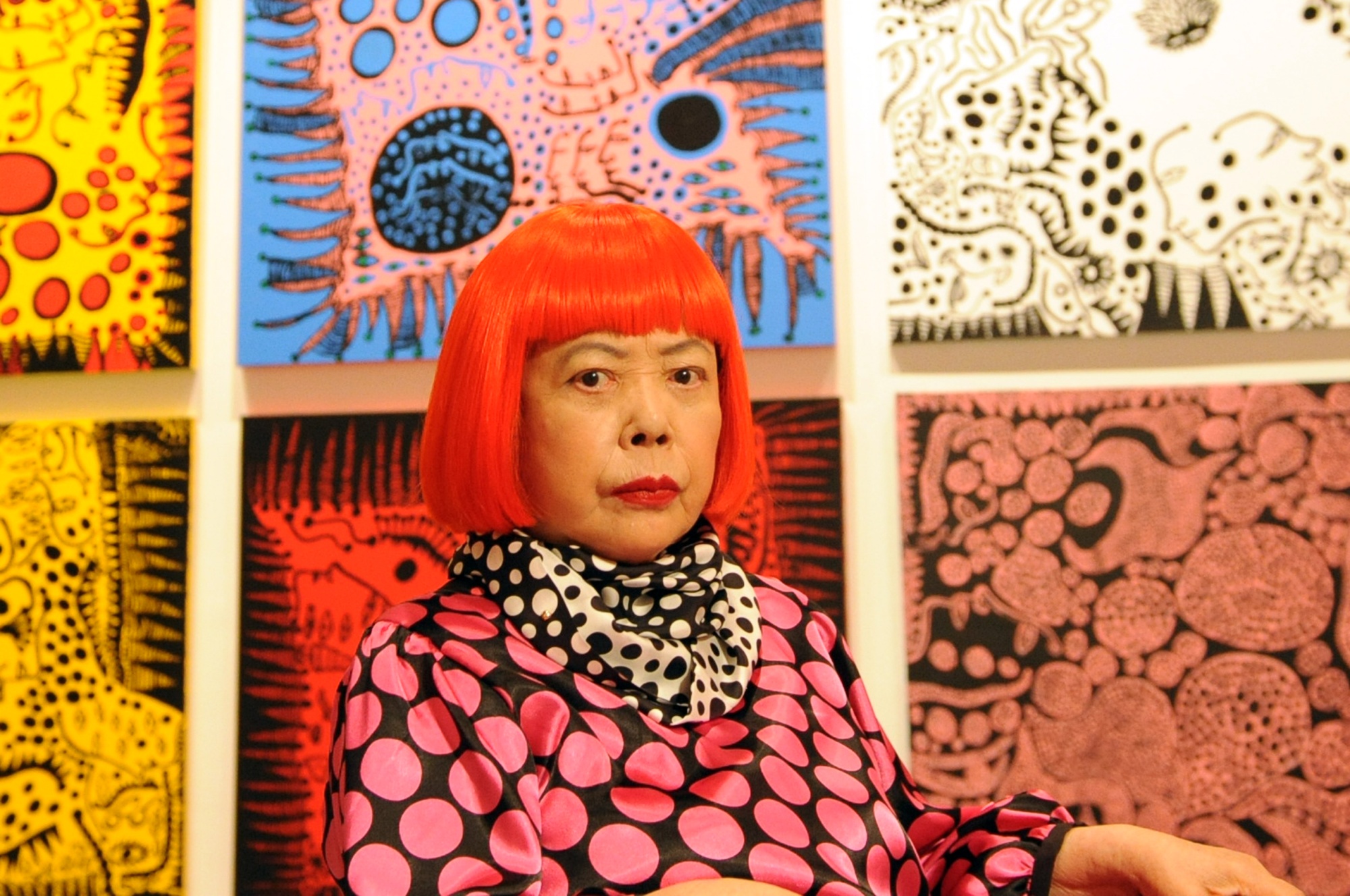 Japanese artist Yayoi Kusama at her ‪Whitney Museum of American Art‬ retrospective exhibit. Kusama wears Louis Vuitton. Photographer: Steve Eichner/WWD/Penske Media