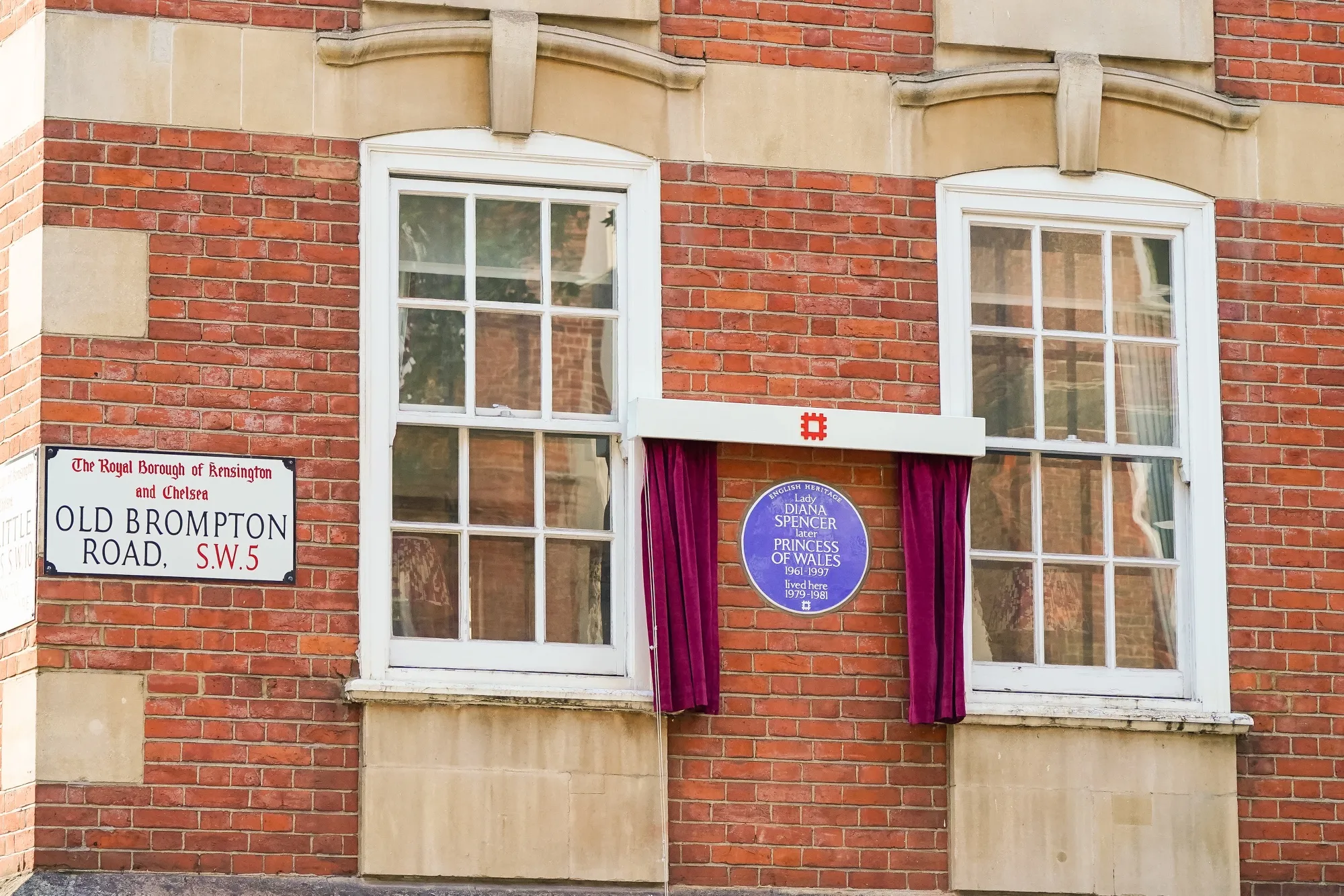 The English Heritage blue plaque to Diana, Princess of Wales, outside Coleherne Court on Old Brompton Road, London.