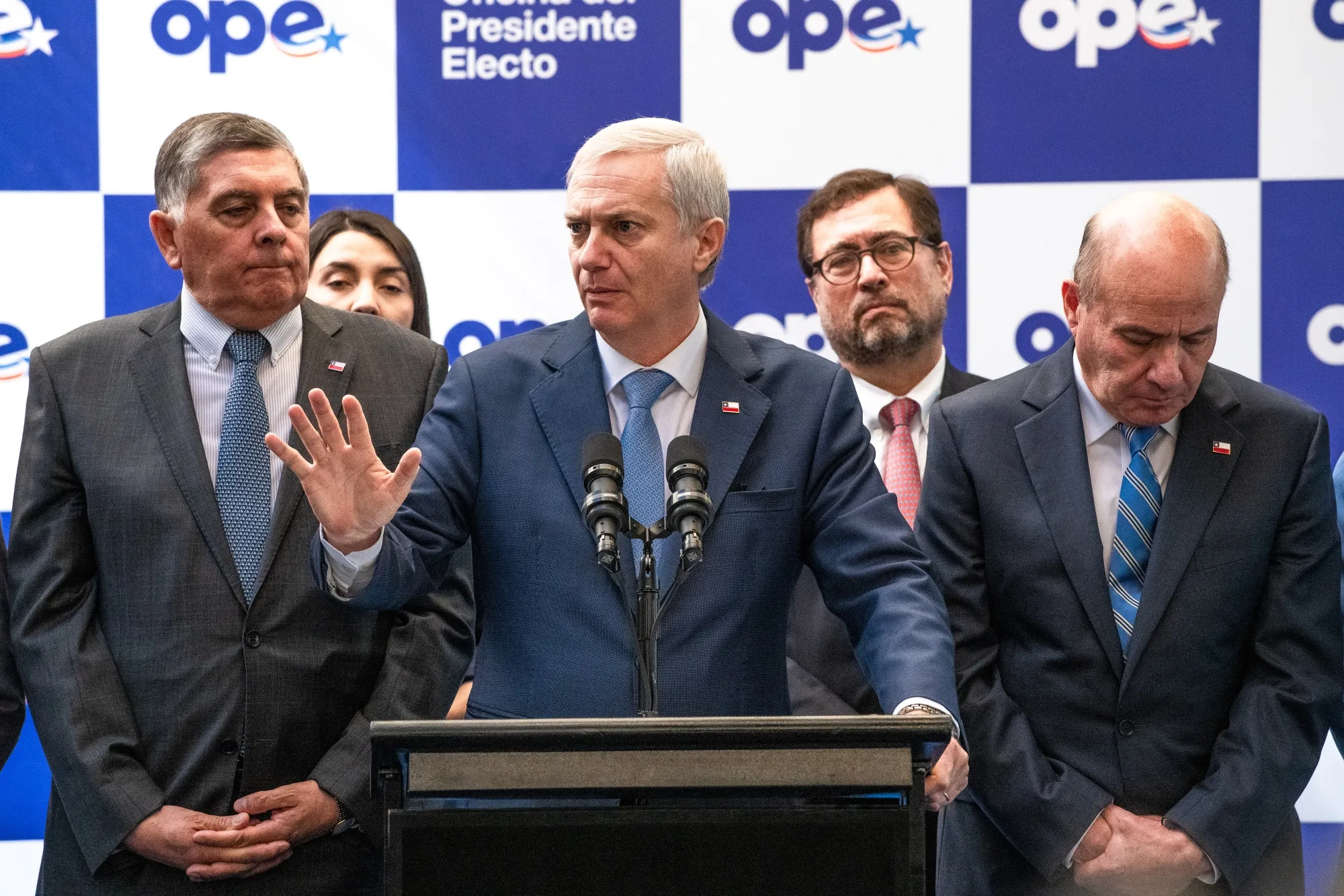 Chile’s President-Elect Jose Antonio Kast speaks during a press conference in Santiago on March 3.
