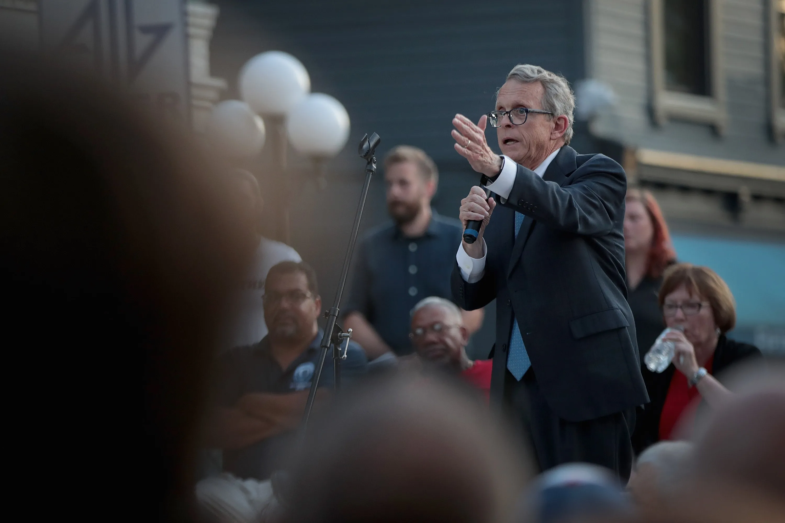 Ohio Governor Mike DeWine speaks to mourners at a memorial service in Dayton, Ohio after a mass shooting.&nbsp;