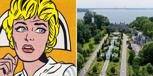 Left: Roy Lichtenstein, Nurse, 1964. Right: A waterfront estate with 60,000 square feet of living space in Kings Point, Long Island.