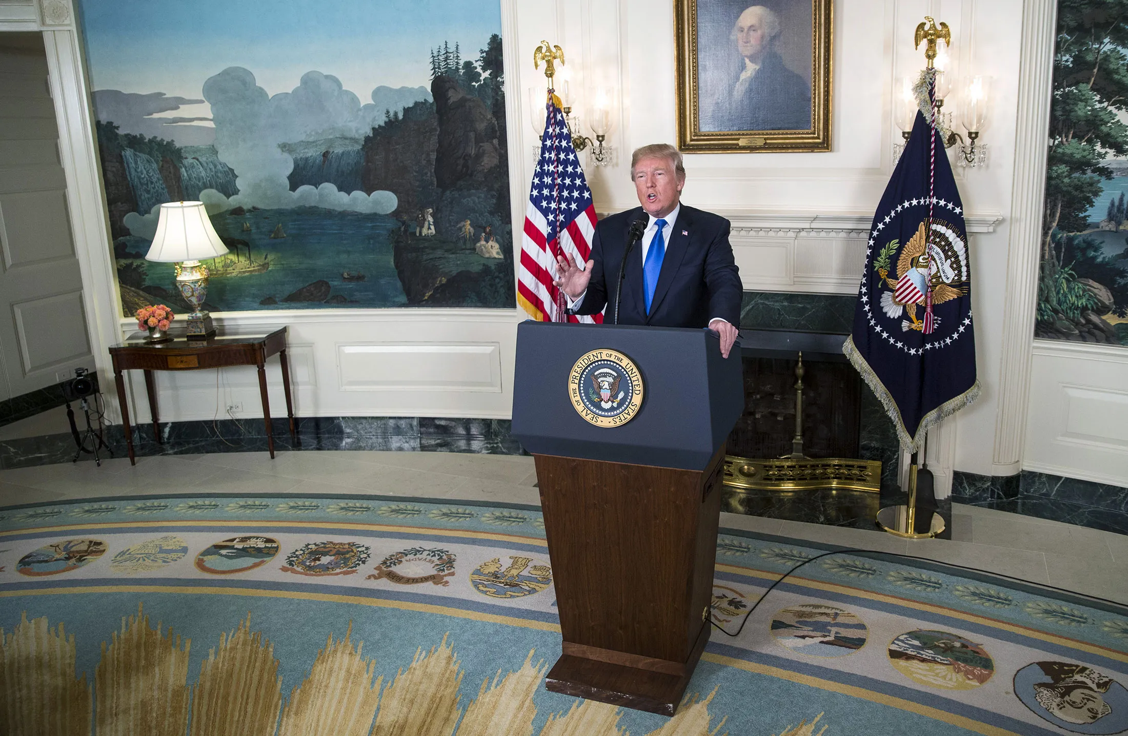 U.S. President Donald Trump delivers a statement on Iran in the Diplomatic Reception Room of the White House in Washington, D.C., Oct. 13.
