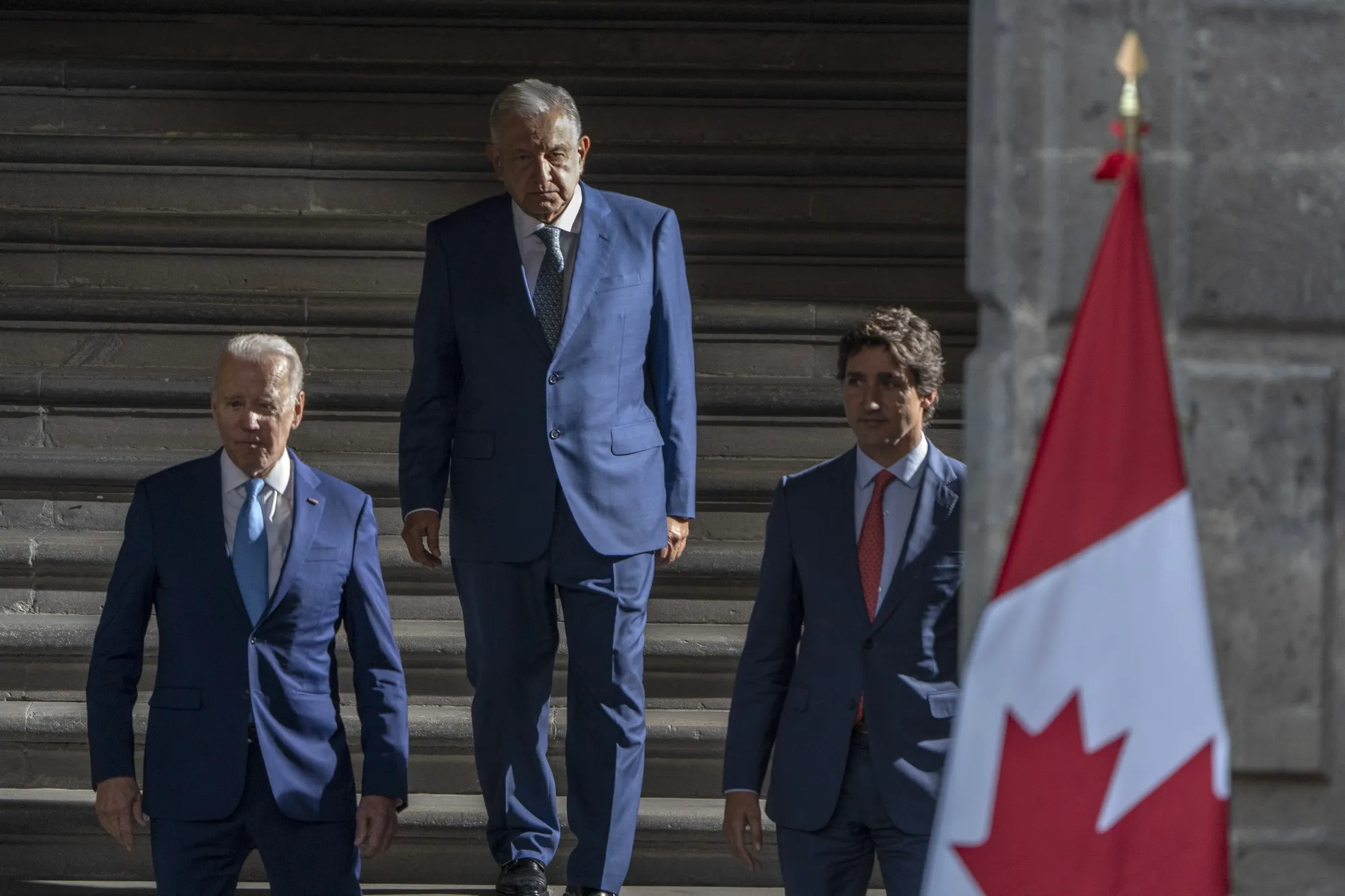 Joe Biden, Andres Manuel Lopez Obrador and Justin Trudeau arrive for the North American Leaders’ Summit in Mexico City on Jan. 10.