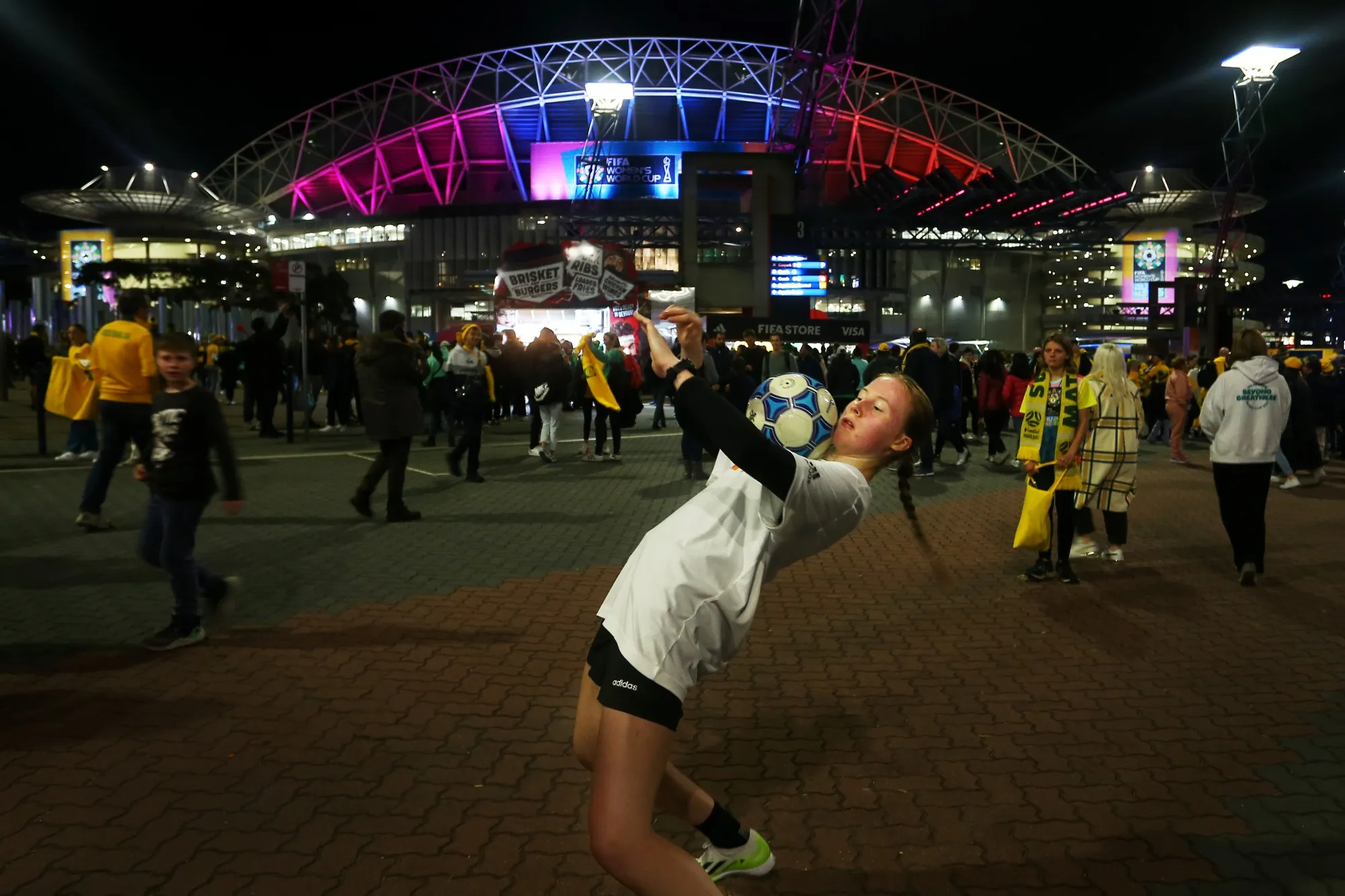 A ball player entertains the crowd during the FIFA Women’s World Cup at Accor Stadium in Sydney in July.