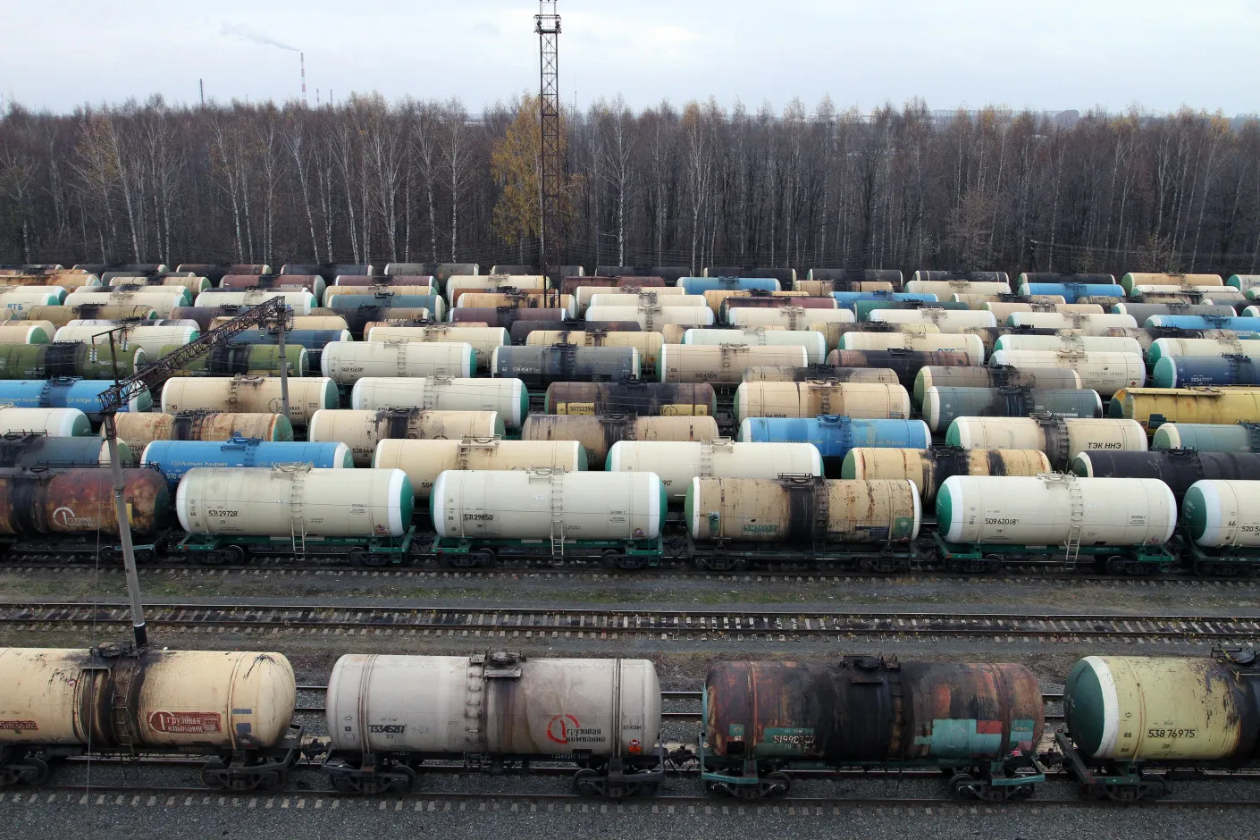 Fuel and oil rail wagons at the Zeletsyno train station near Nizhny Novgorod, Russia.
