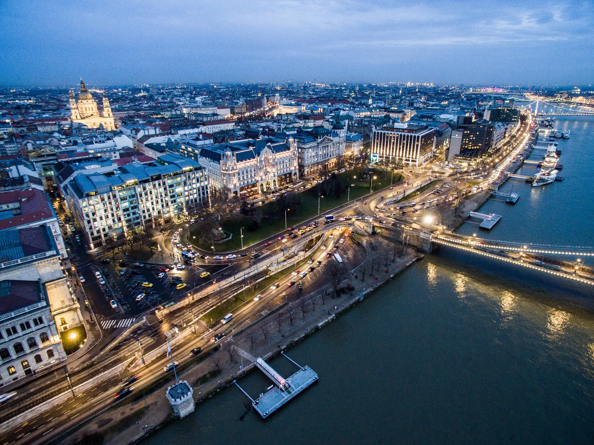 Traffic illuminates the Chain Bridge approach in Budapest, Hungary.