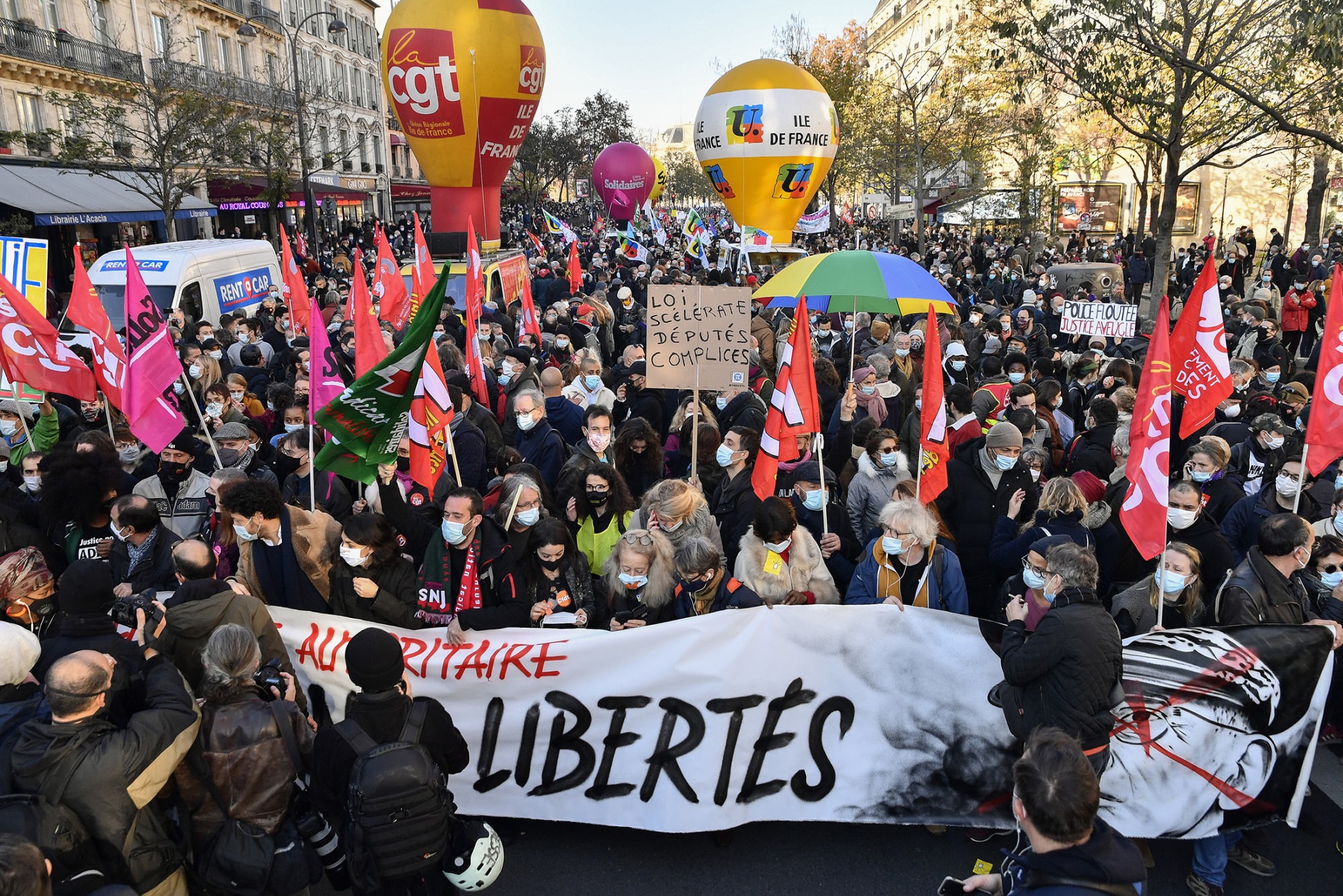 Demonstrators&nbsp;protest against the&nbsp;global security law, at the Place de la Republique in Paris, France, on Nov. 28.&nbsp;