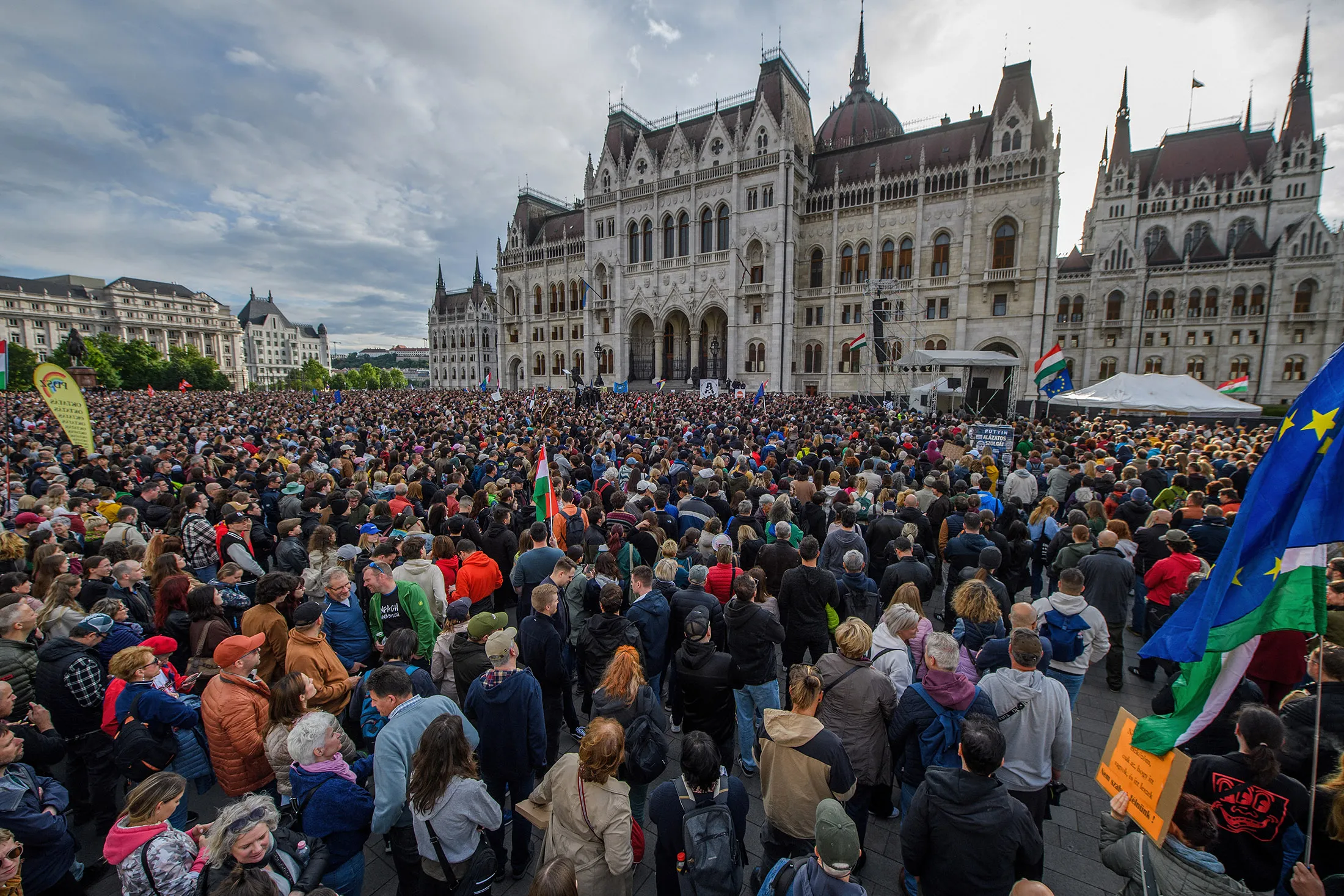 Demonstrators protest a bill to cut foreign funding to civil society and media threat to Hungary’s sovereignty, in central Budapest on May 18.